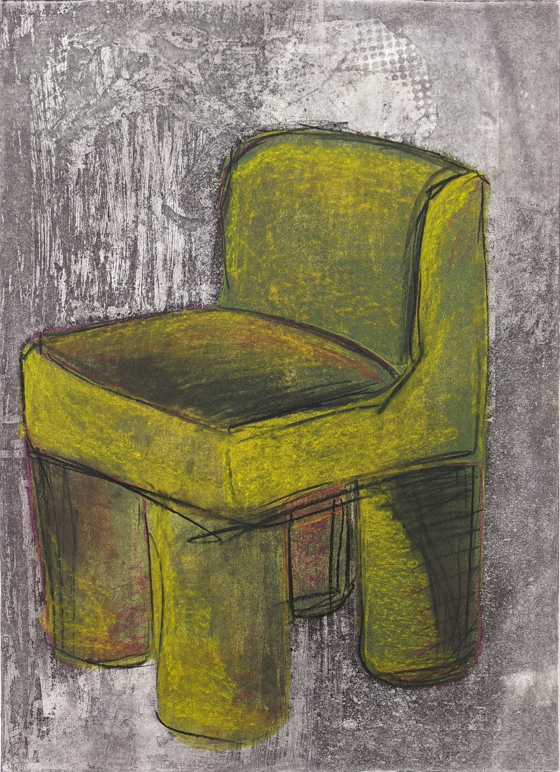 Scribbling in the Shadow, 18.5'' x 25.5'', etching with monotype screen printing, pastel, and charcoal, 2021