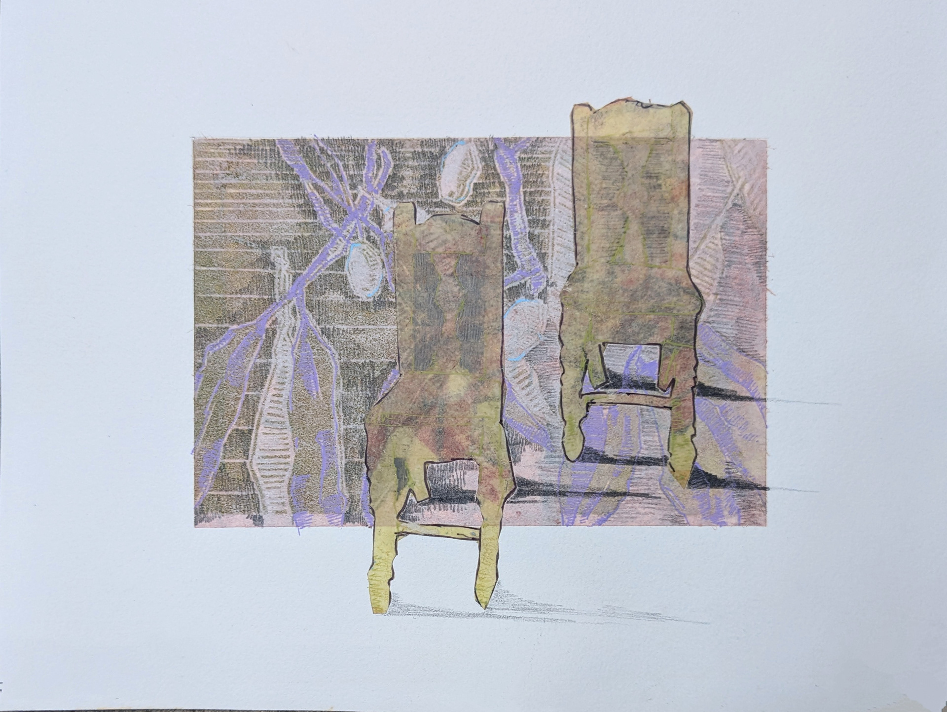 Reunion in Absentia, 10'' x 8'' back-printed linoleum cut and acetate collage with graphite and gel pen, 2024