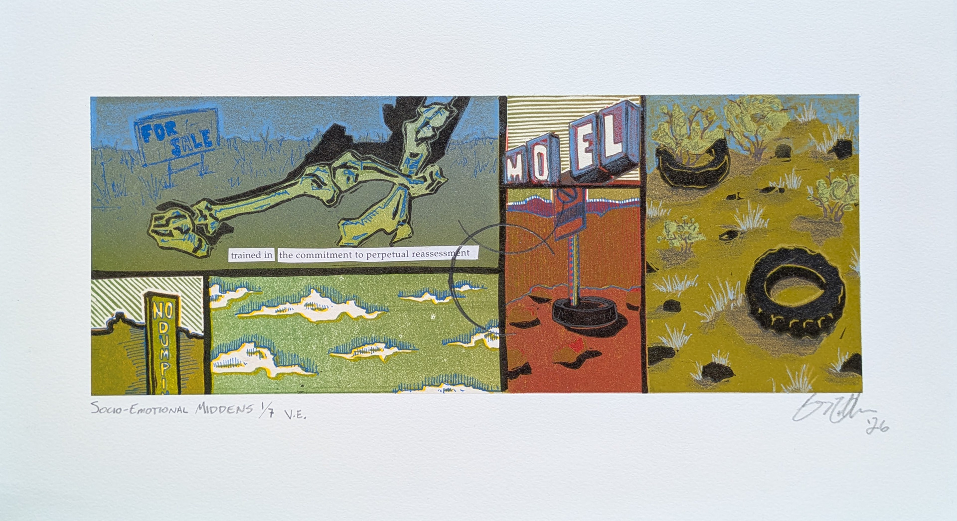 Socioemotional Middens 1/7 V.E. 14.5''x8'', Reductive Linoleum Cut and Collage with Graphite, Colored Pencil, and Gel Pen, 2026