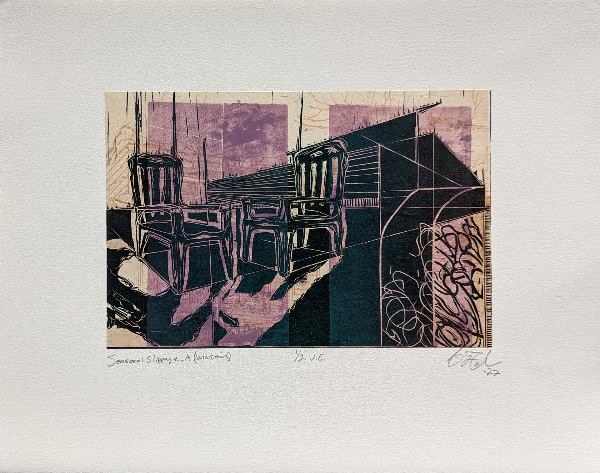 Seasonal Slippage.A, 14" x 11", linocut on mounted intaglio etching, 2022