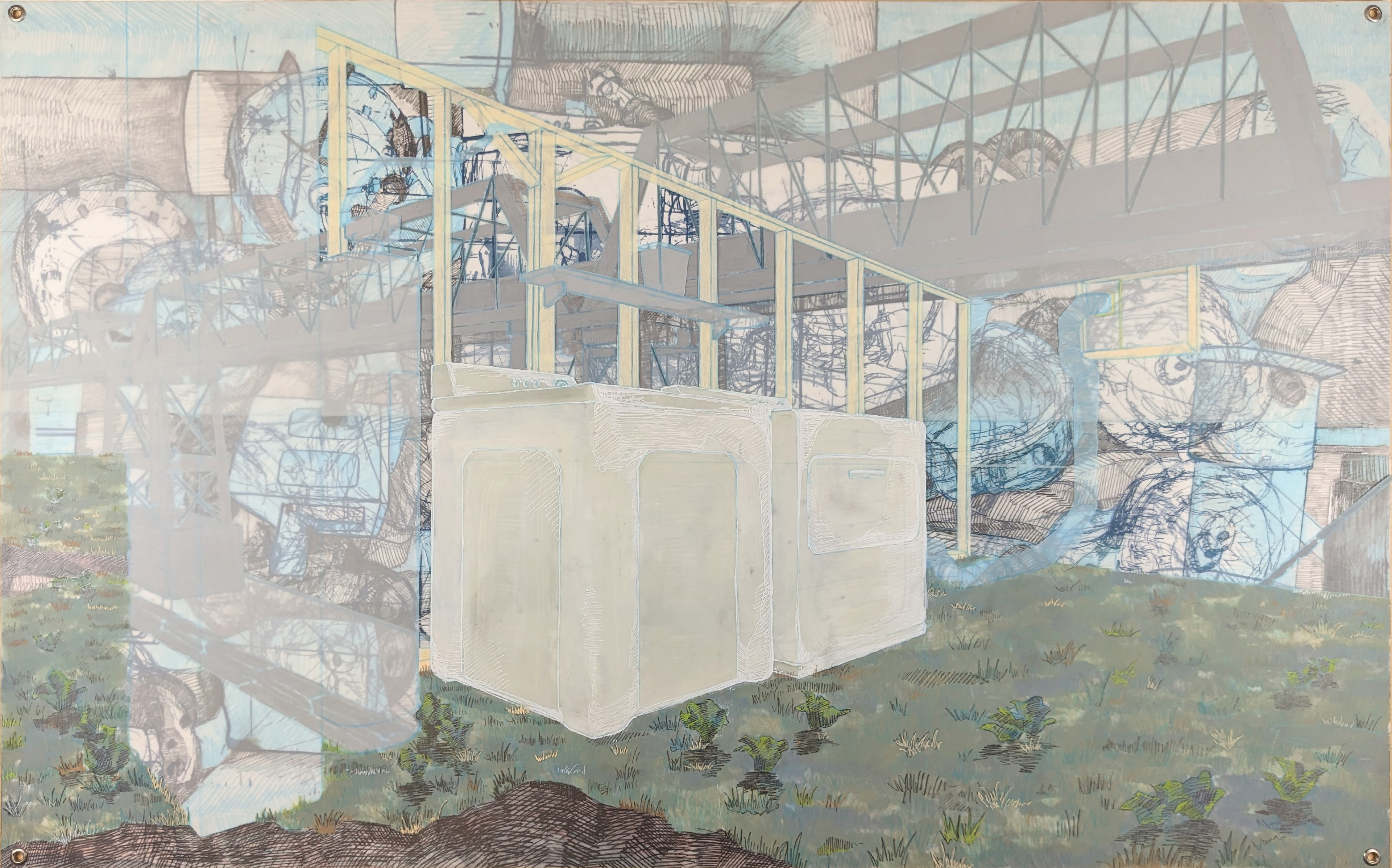 Laundry Rooms, Ironing Boards, 40’’ x 25'', drafting pencil, graphite, and acrylic paint with silkscreen printing on frosted mylar, 2023