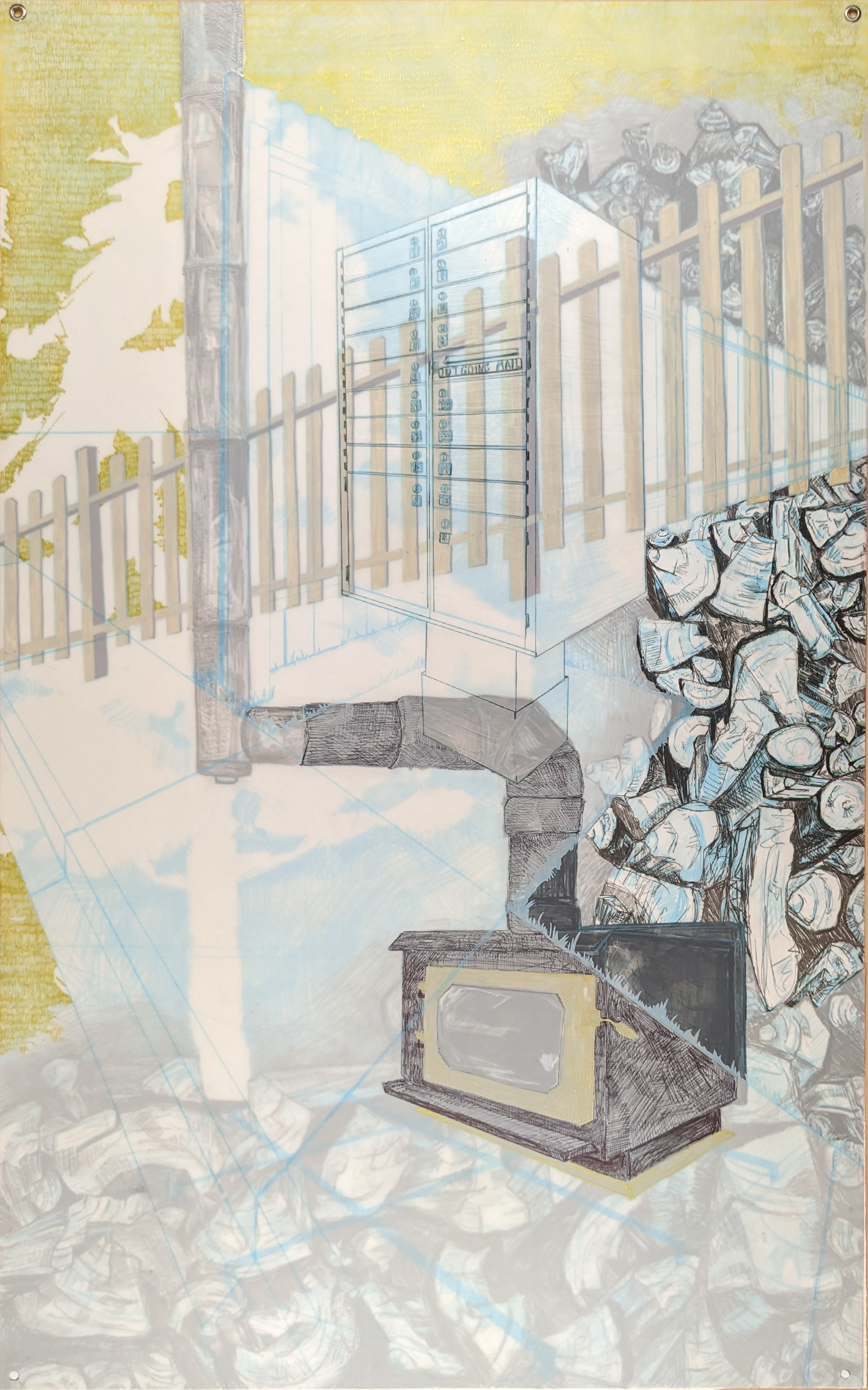 Work and Wonder, 25'' x 40'', drafting pencil, charcoal, graphite, gel pen, and acrylic paint on frosted mylar, 2022