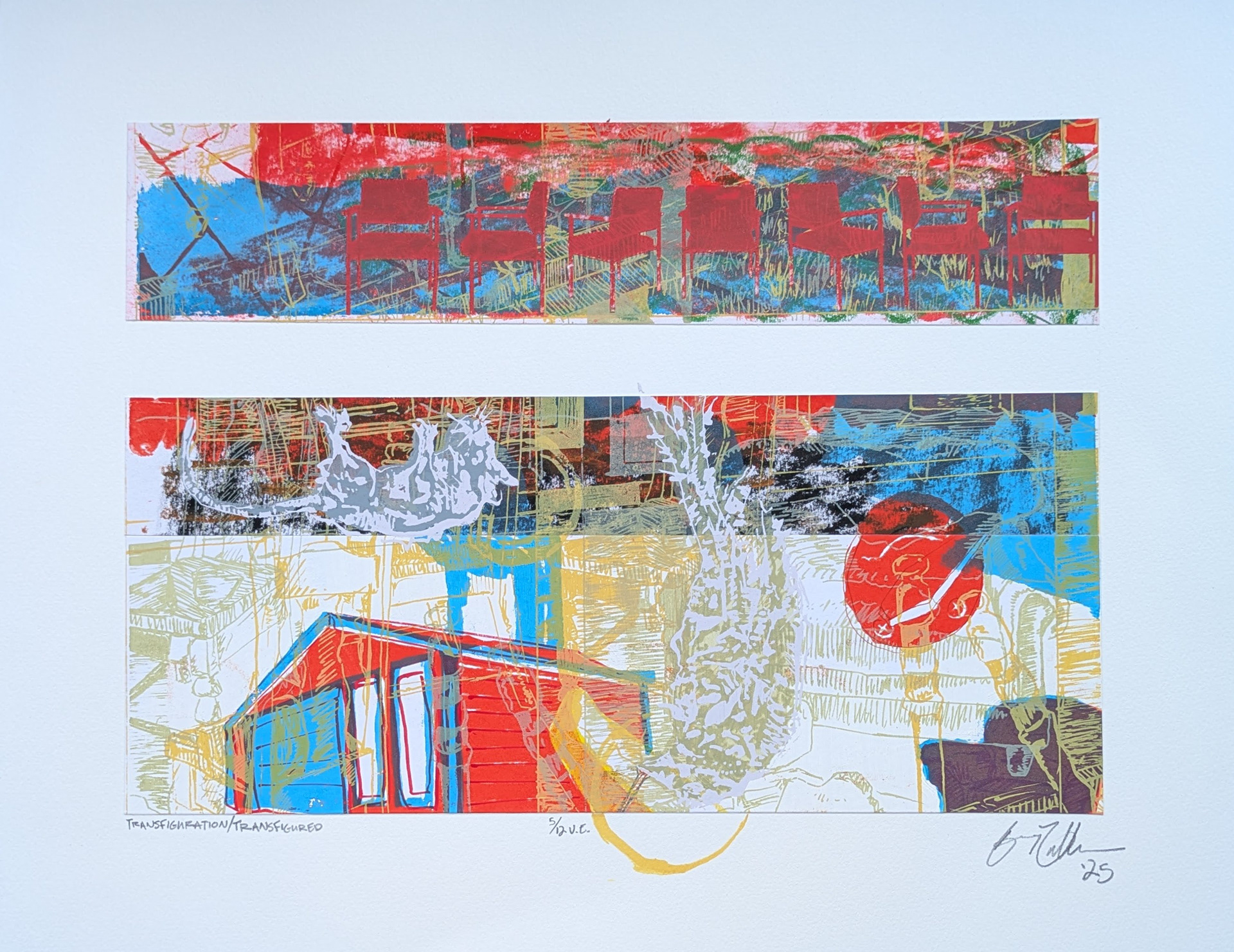 Transfiguration/Transfigured, 5/12V.E, 18" x 14" multiple silkscreen print with frottage, hand drawing, and collage, 2025