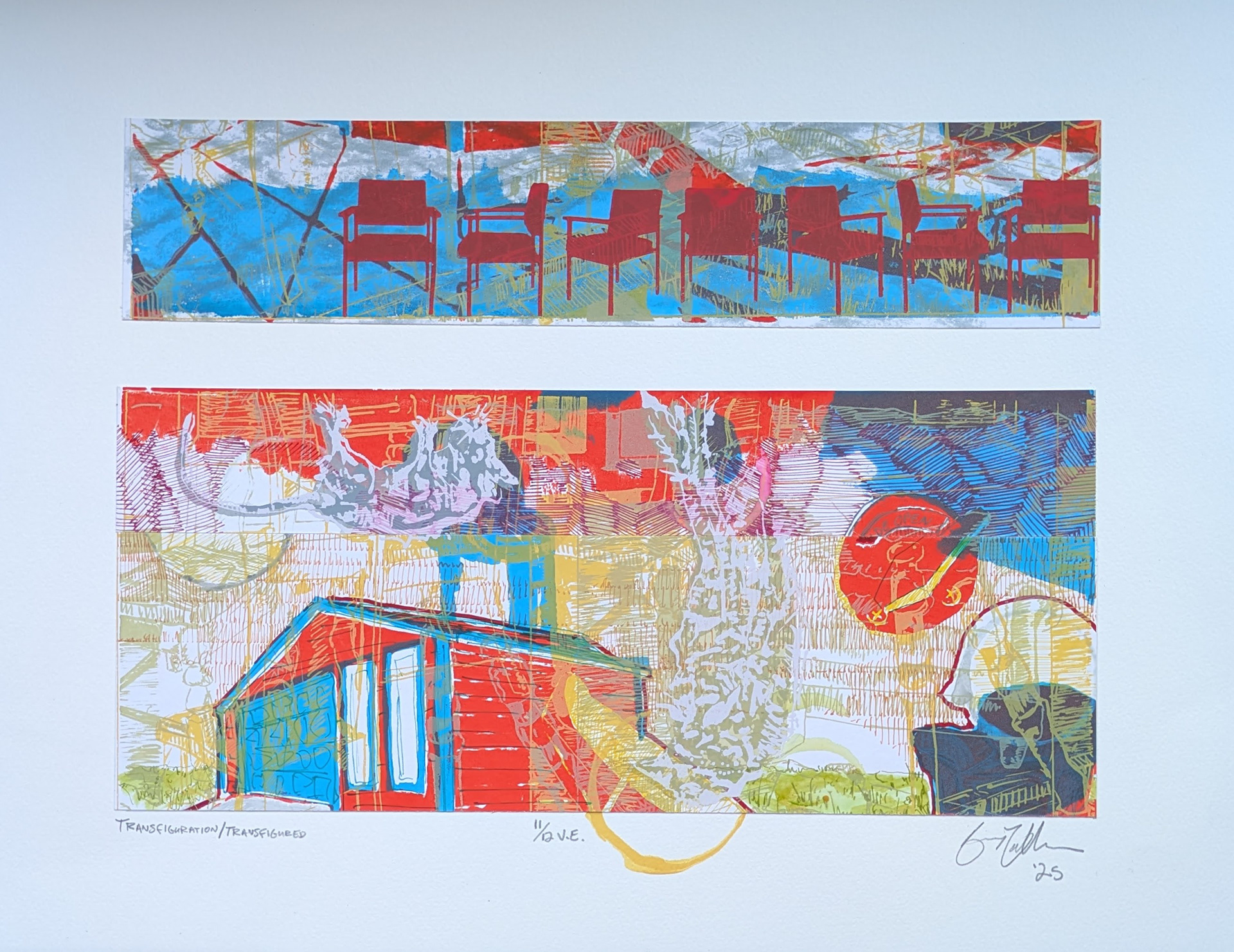 Transfiguration/Transfigured, 12/12V.E, 18" x 14" multiple silkscreen print with frottage, hand drawing, and collage, 2025