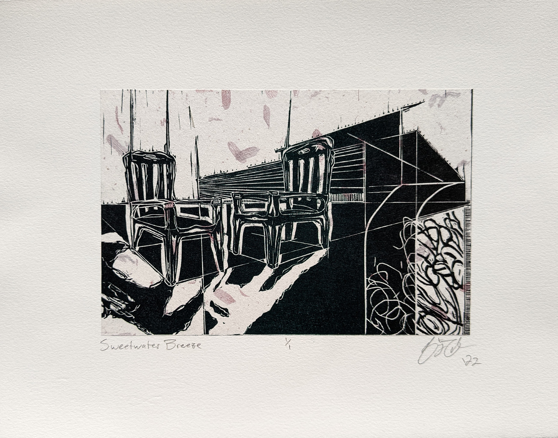 Sweetwater Breeze, 14" x 11", linocut on mounted mulberry tissue, 2022