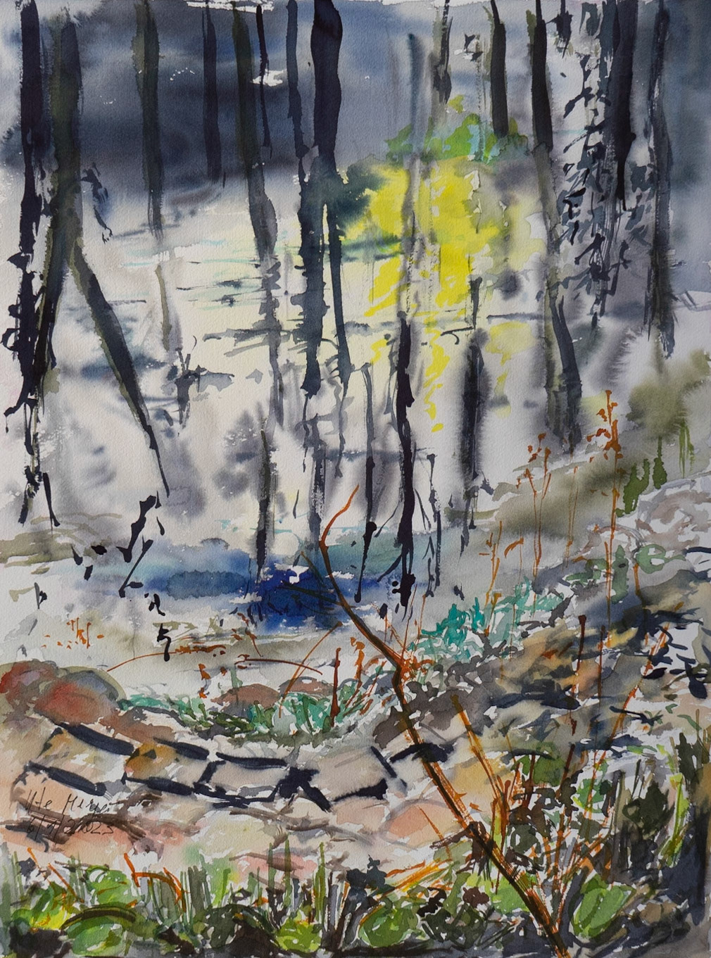 Reflexion of the sun on the pond 6/1/2023 watercolour/Bütten/Centenaire/ 300 gr 61x46 cm