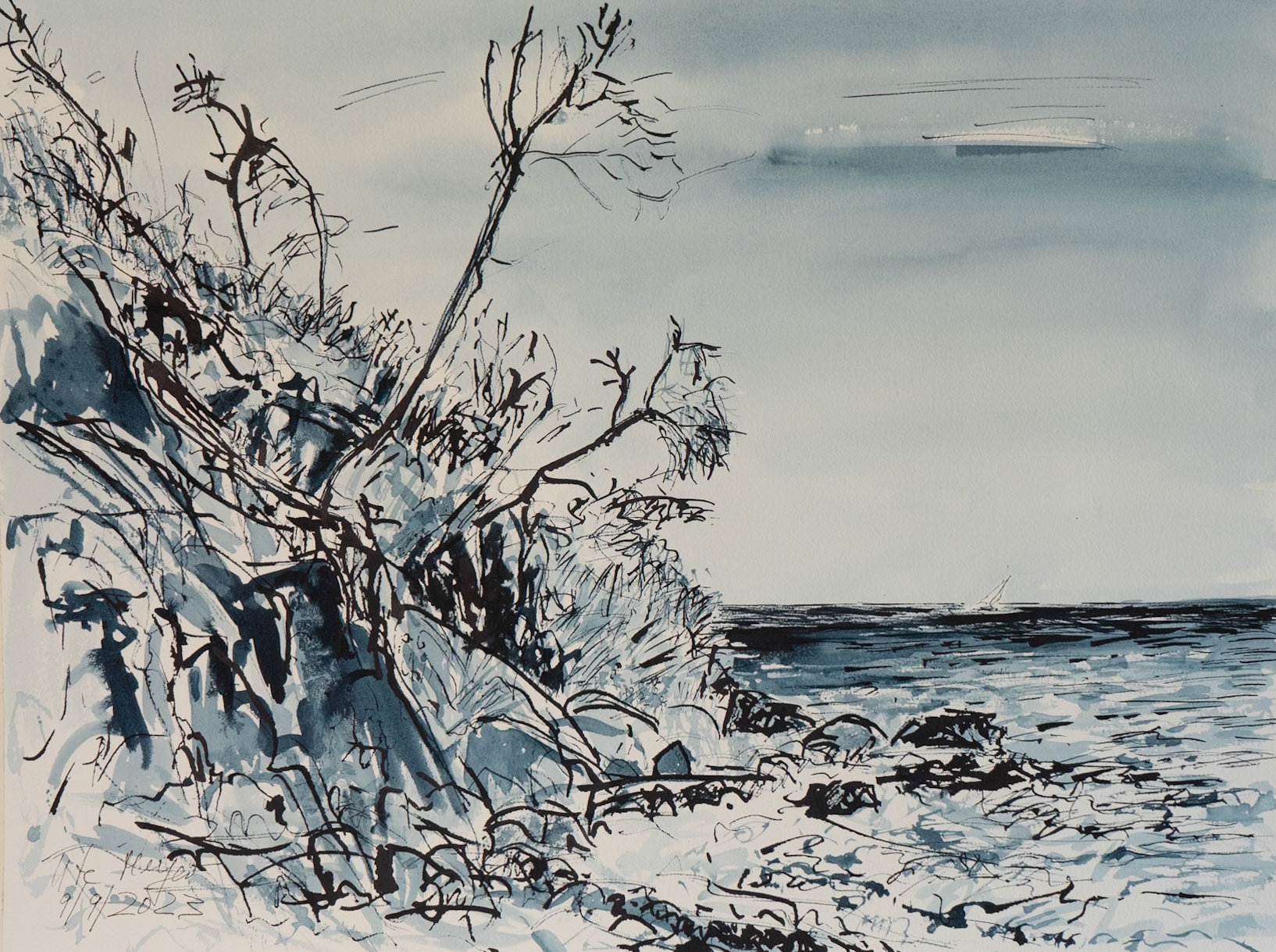 Balticsea Oldemark/ Ærø  9/9/2023  washed out inkdrawing /hand made watercolor paper /300gr  46x61 cm