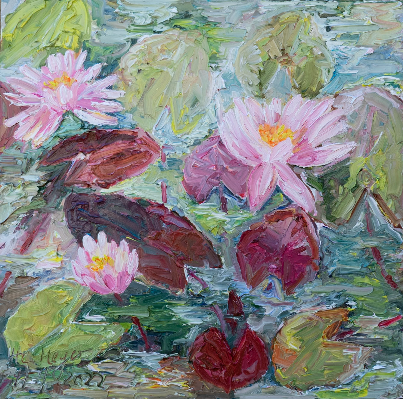 water lilies 24/7/2022 oil on wood 40x40 cm