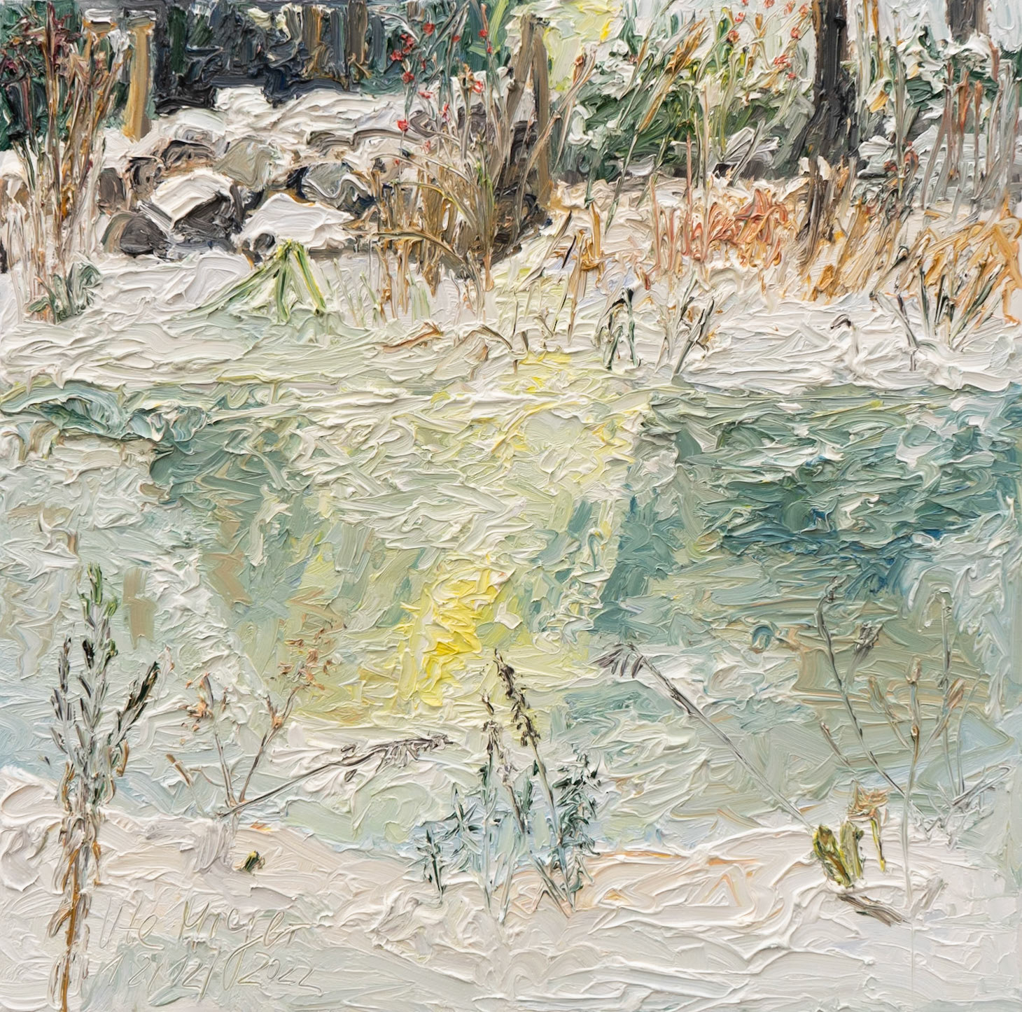 Reflections on the water 2 18/12/2023 oil on wood 50x50x5 cm
