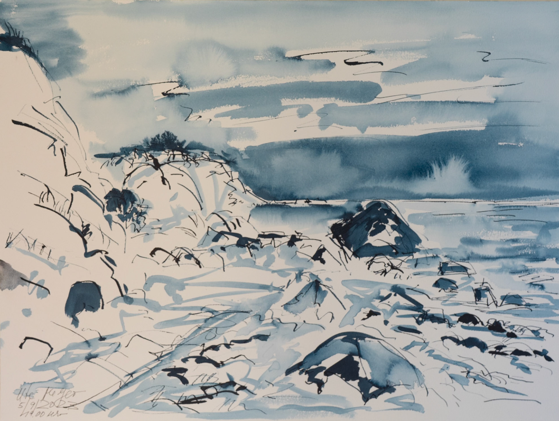 Balticsea / Tranderup / Ærø  5/9/2023  washed out inkdrawing  handmade paper300gr 46x61 cm