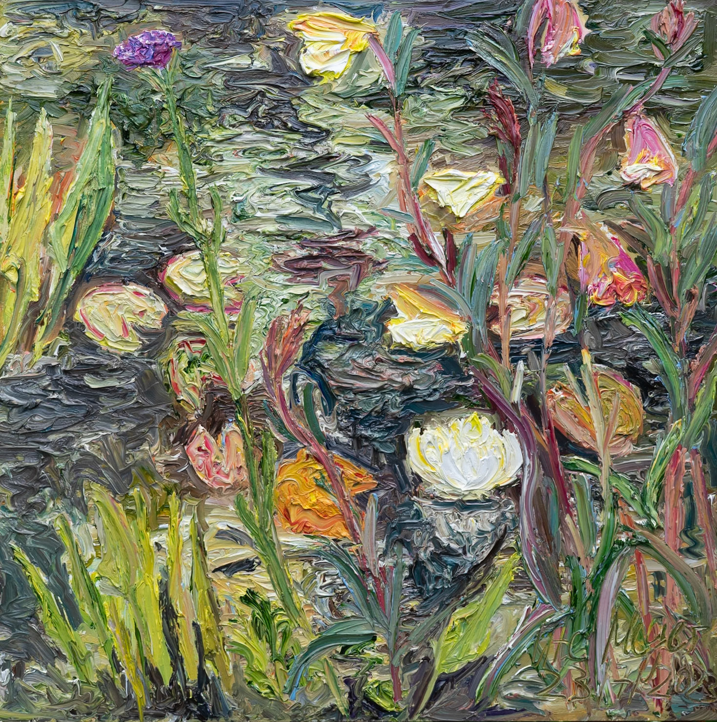 At the pond / waterliliy and yellow evening primroses 23/7/2023 oil on wood 40x40 cm
