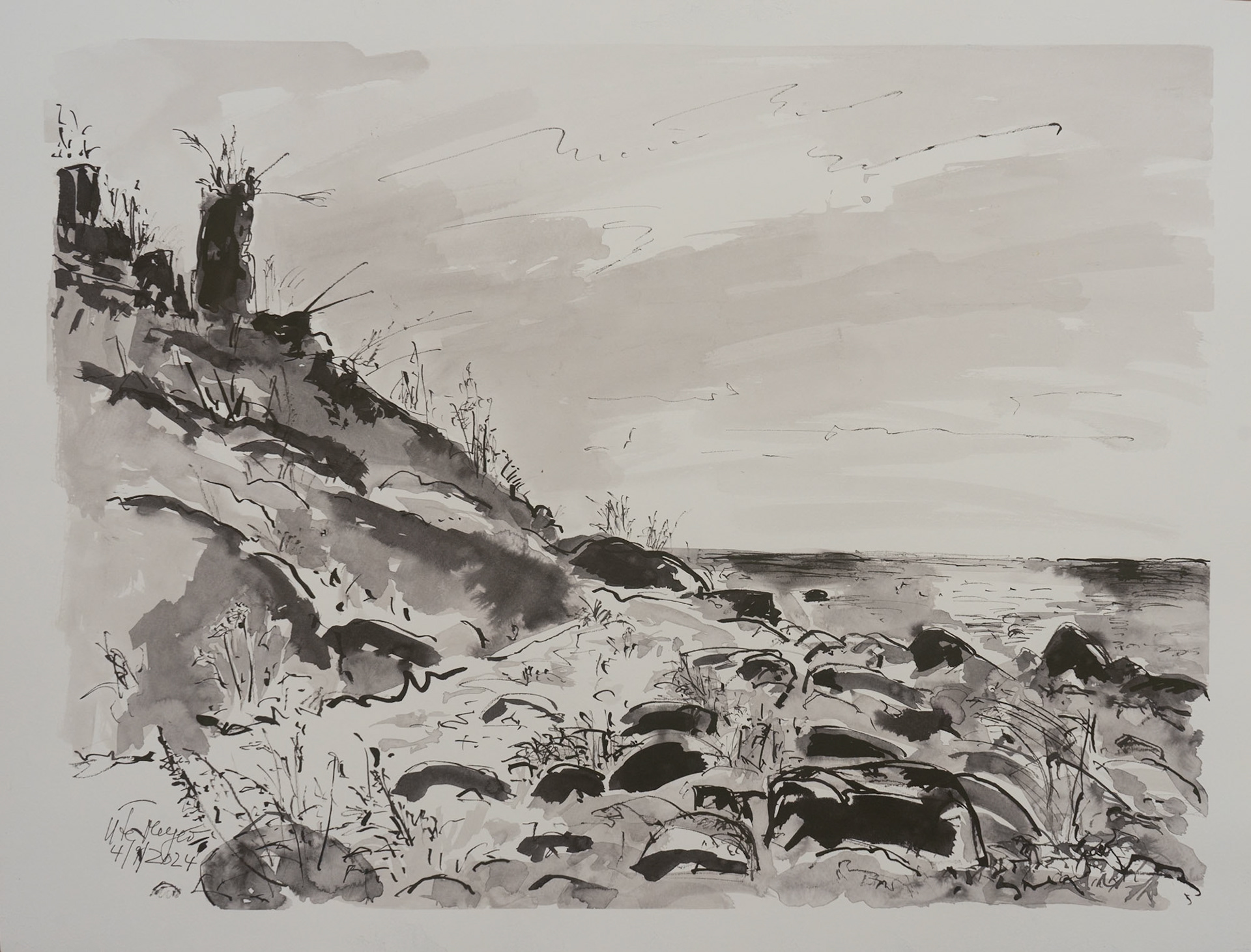 Morning mood / Vejsnæs/ Ærø 4/9/2024 Watercolor with ink / 300gr laid paper 50x65 cm
