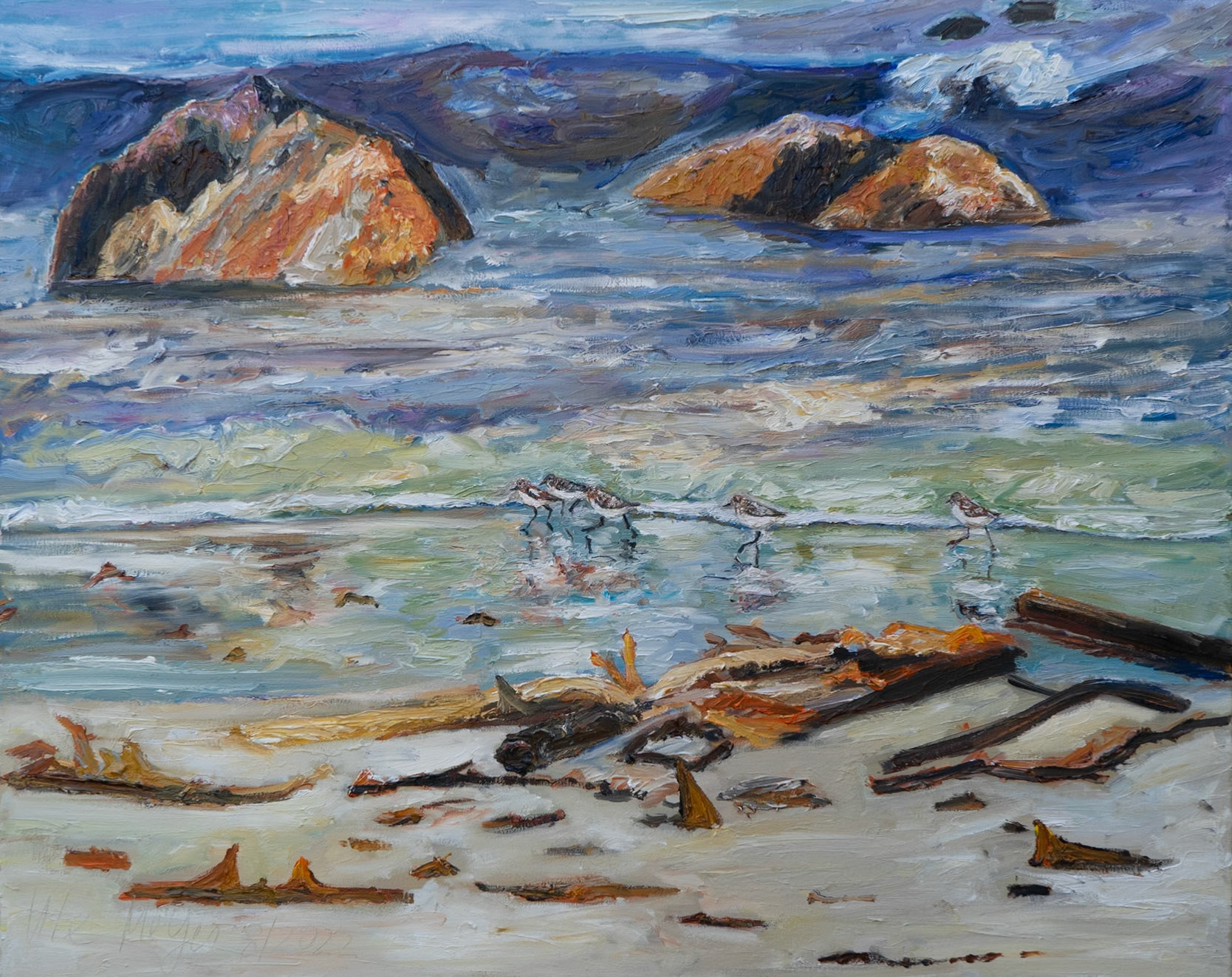 At the beach/ five sanderlings 8/2022 oil on canvas 80x100 cm