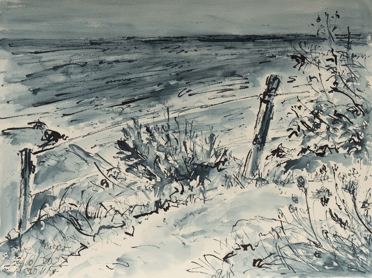 Ostsee/ Voderup Klint/ Ærø   24/6/2022  Lavierte Federzeichnung/Bütten/300gr  30x40 cm