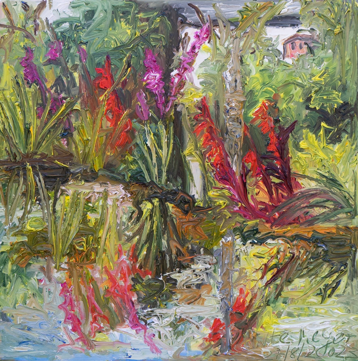 Red lobelia 27/8/2023 oil on wood 40x40 cm