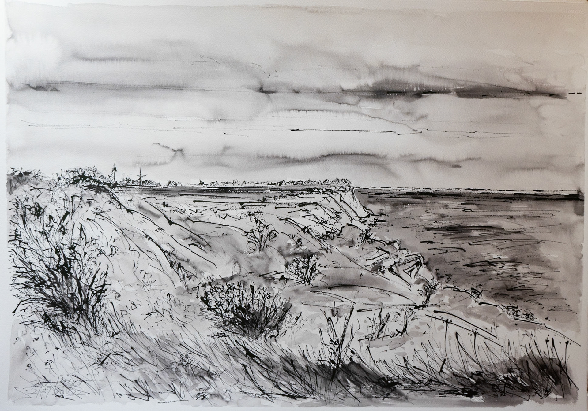 Blick von oben auf die Ostsee/Tranderup/ Aeroe / DK  2/5/2022  Lavierte Federzeichnung mit Tinte/ Aquarellkarton/Arches/ 640gr   75x105 cm