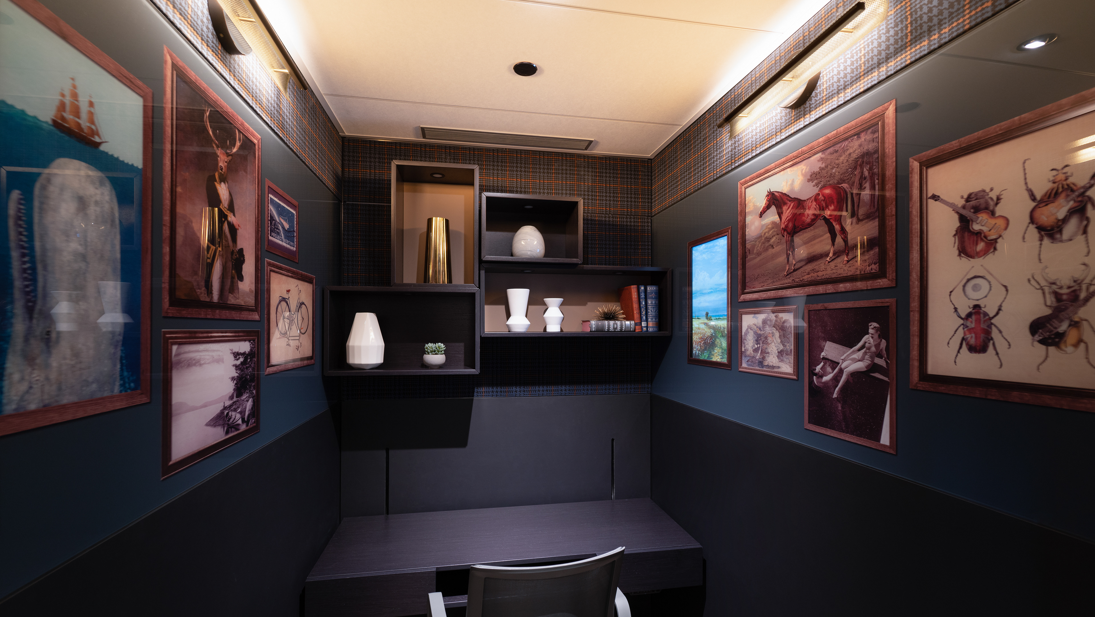 Frame wall within one of the phone booth rooms. Please note that the Whale graphic was done by Terry Fan, and the Beatles graphic is done by Eric Fan.