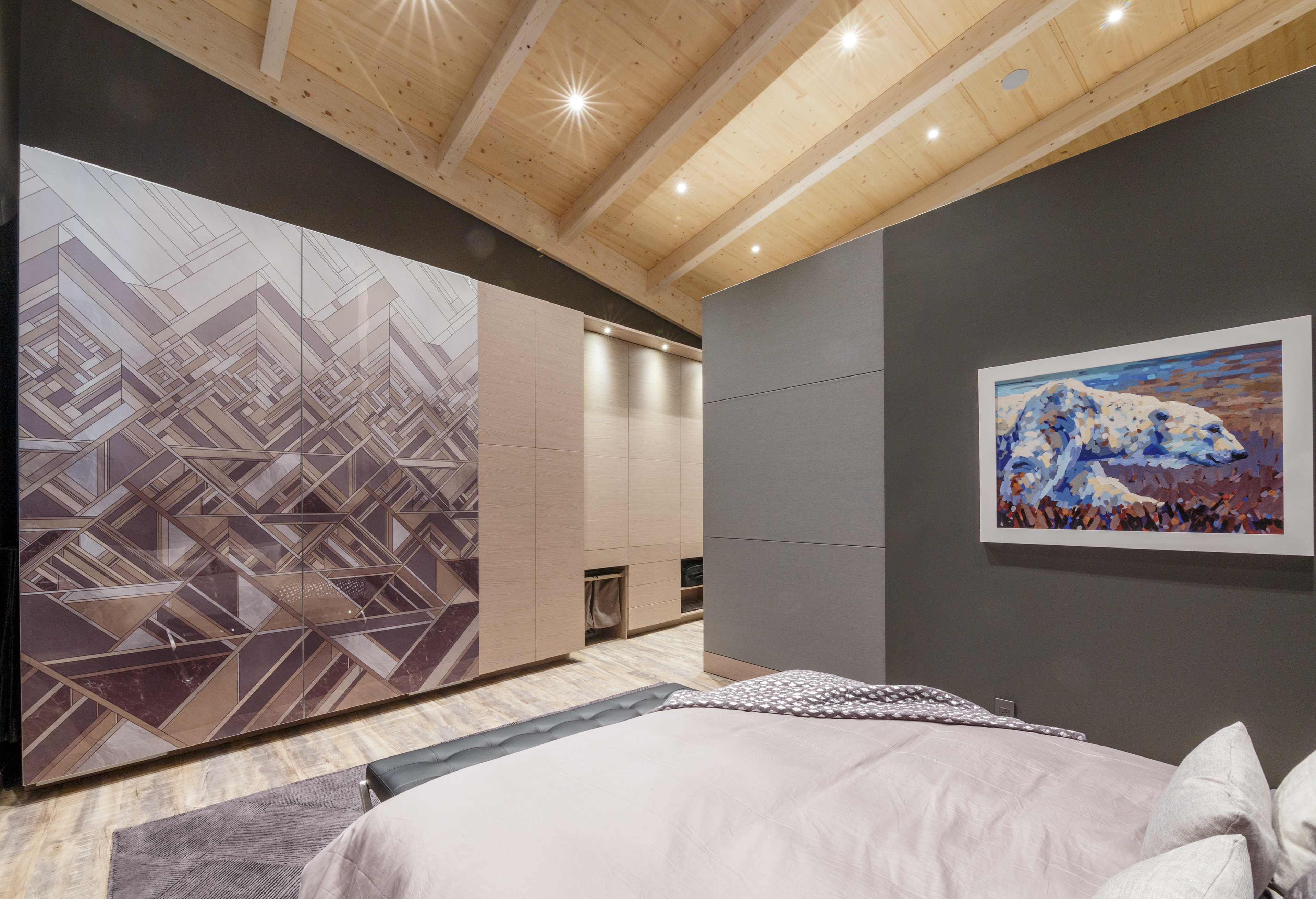 Wardrobe doors done to bring in geometric shapes in a modern yet cozy way.