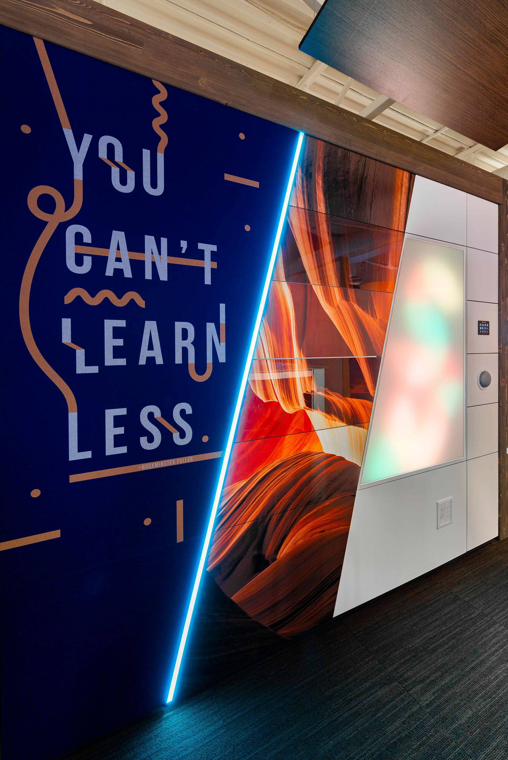 Entrance to 'the Classroom' also on a wall demonstrating different finishes and integrated technology.