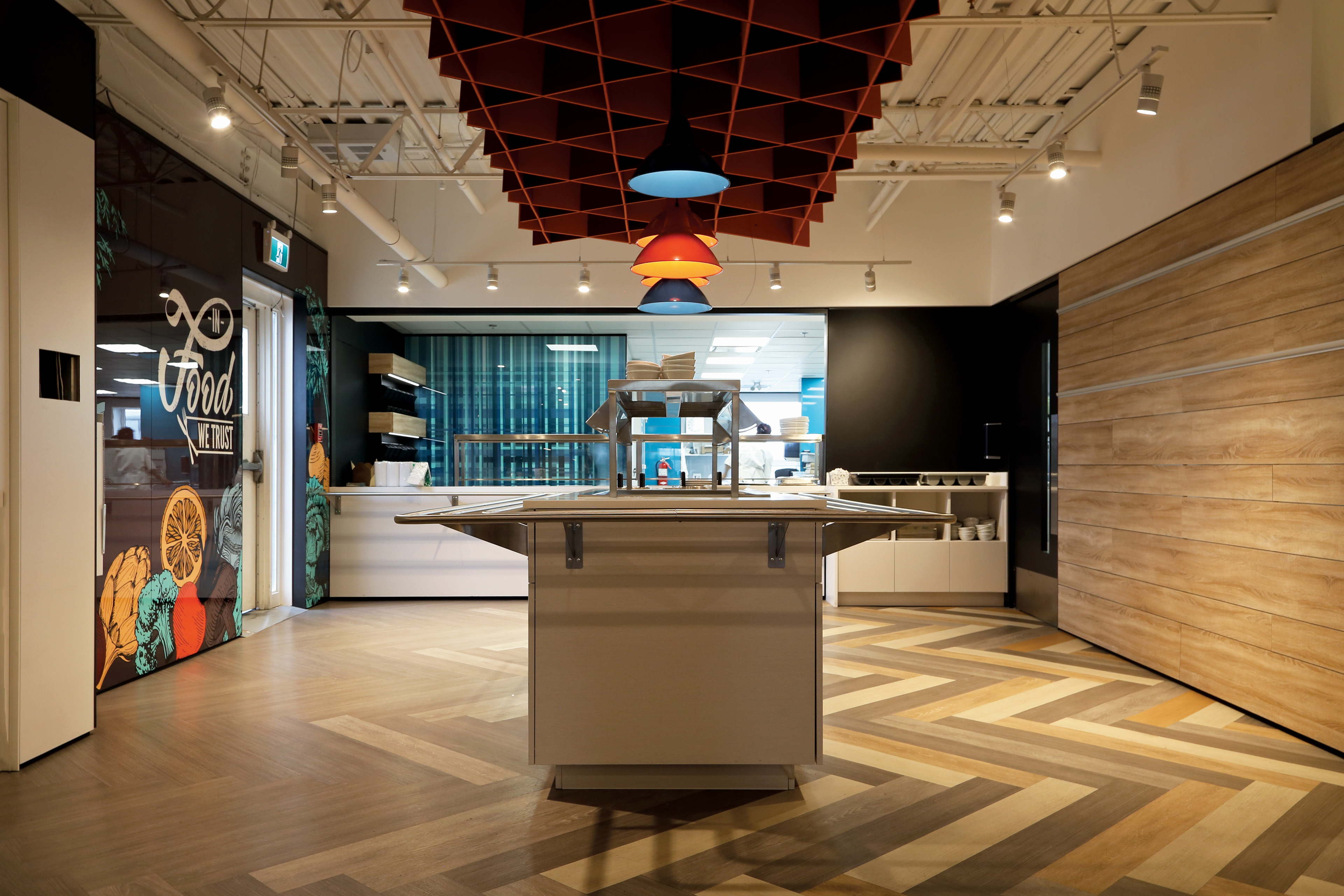 Wall graphic done for the factory kitchen and eating space at DIRTT Calgary.