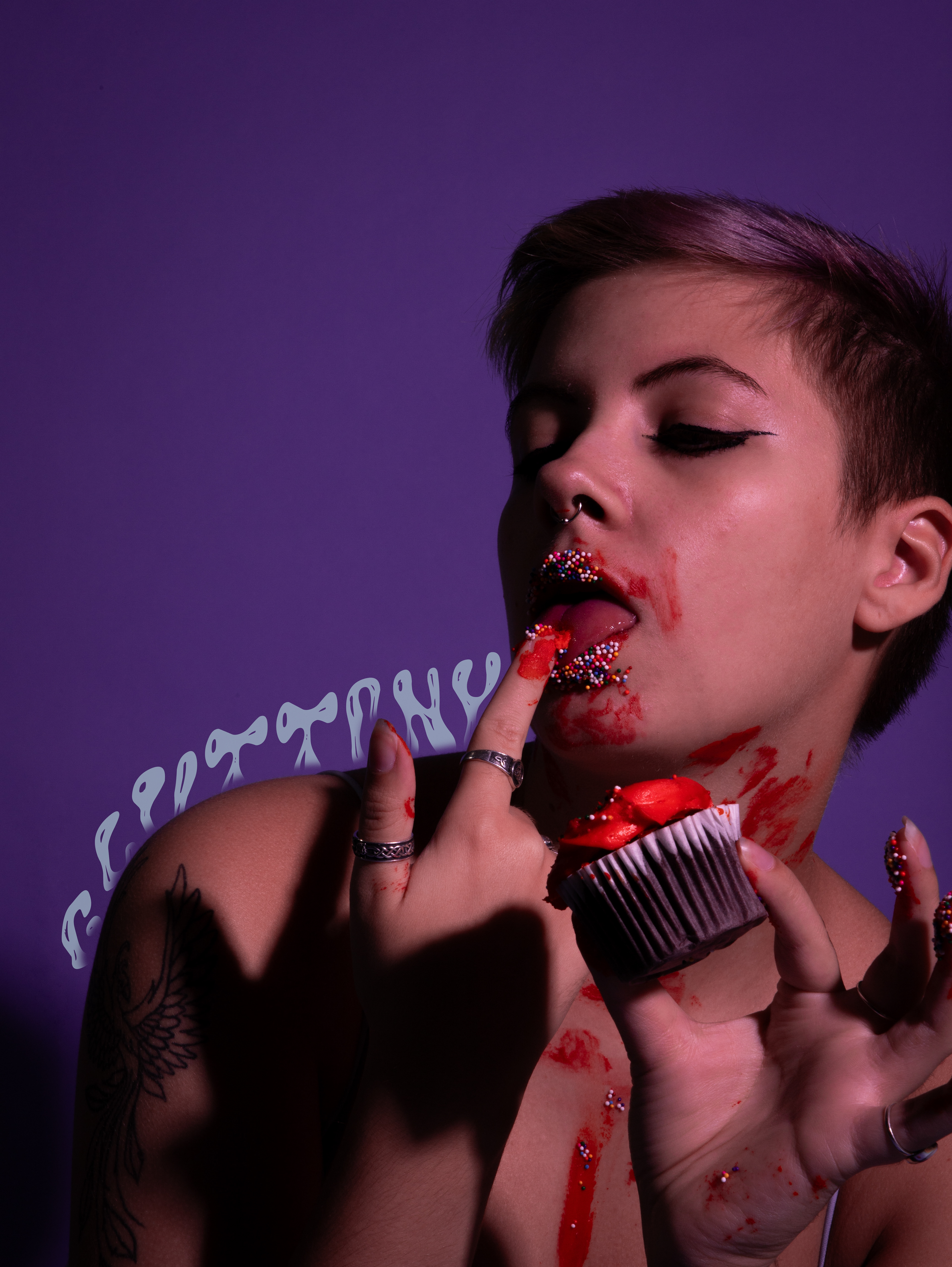 For this project we were asked to tell a story over multiple images. I chose to photograph some of the Deadly Sins: Sloth, Lust, Wrath, and Gluttony. Overlapping my design background with adding type to the images.