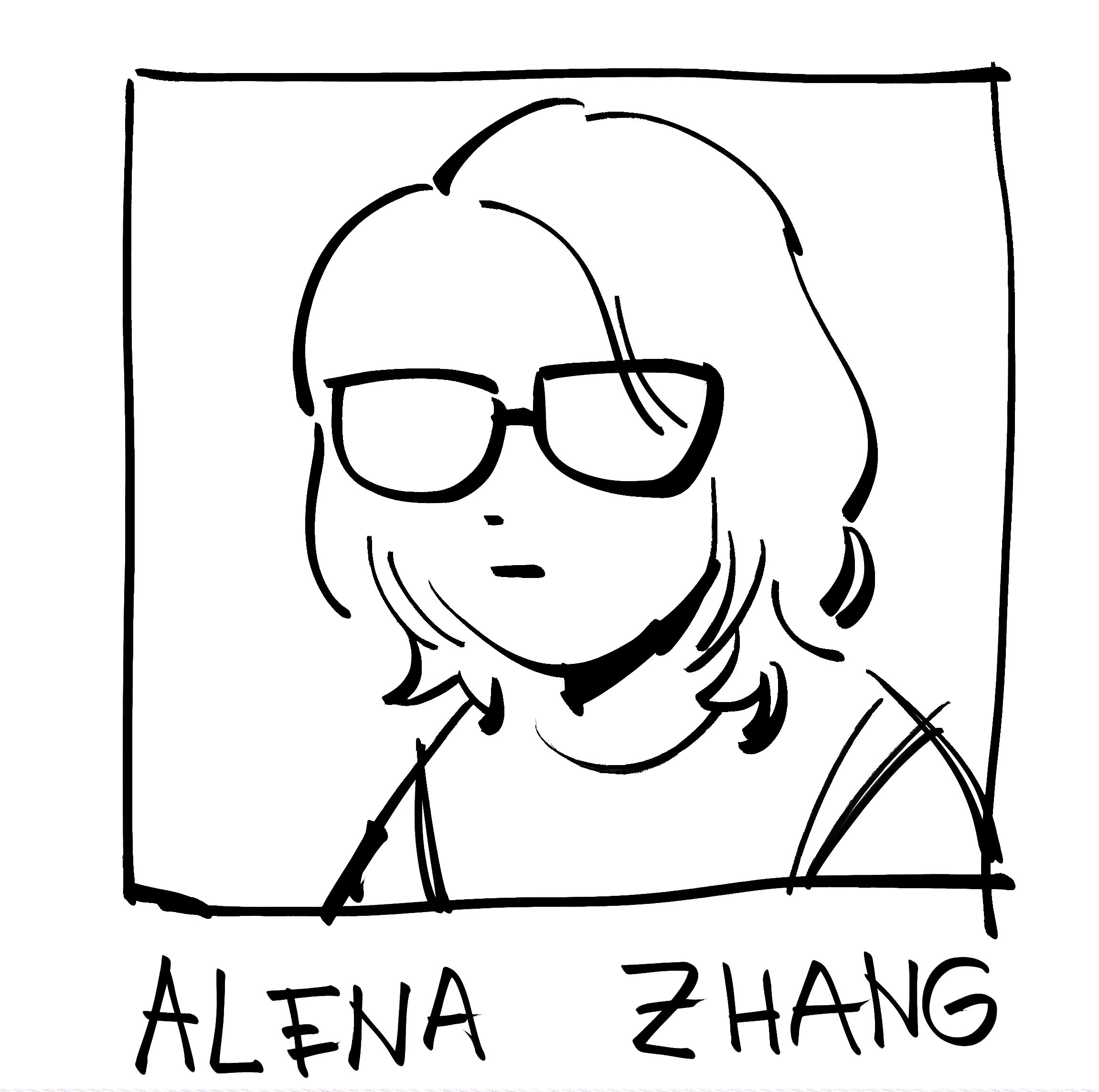 cartoon drawing of me reading "ALENA ZHANG" below it