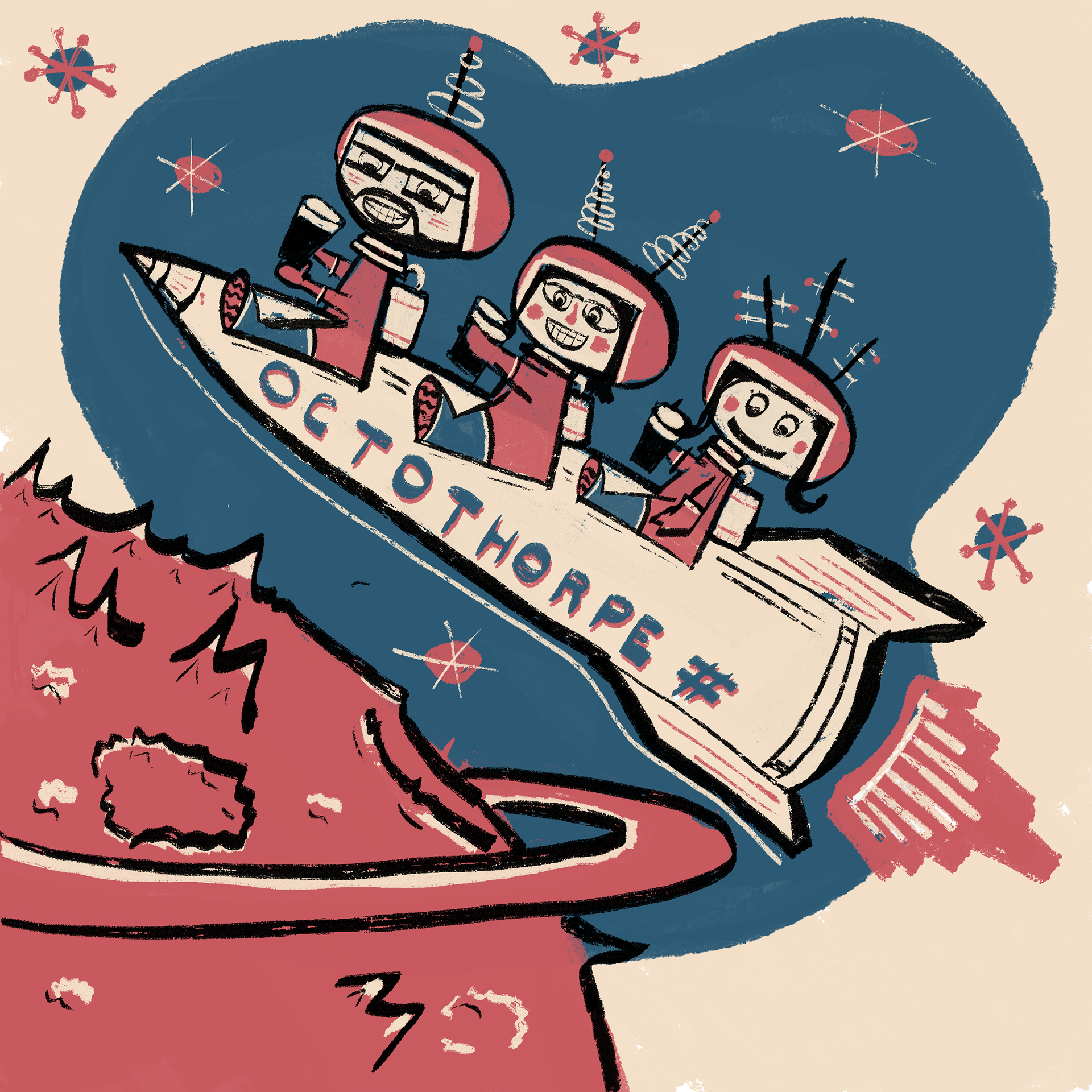 Us on a rocket! Episode art, Octothorpe 51, 2022