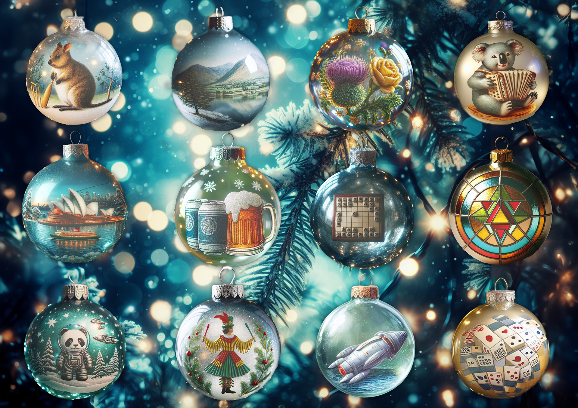 12 days of AI generated Christmas baubles, our family 2023 Christmas card; collaged from several hundred AI prompted pictures to reflect what we did in 2023