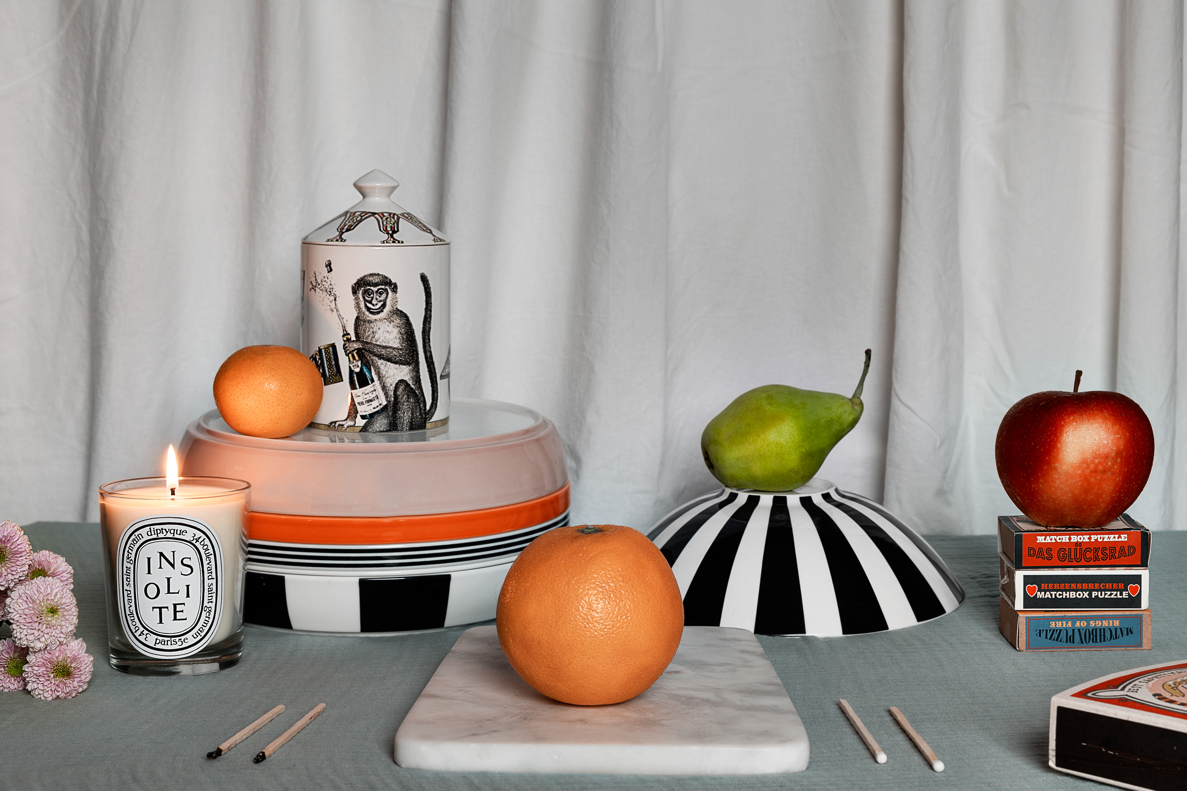 Still life with fornasetti candle, ditpyque and Liberty London limited edition candle, villeroy and boch bowl
