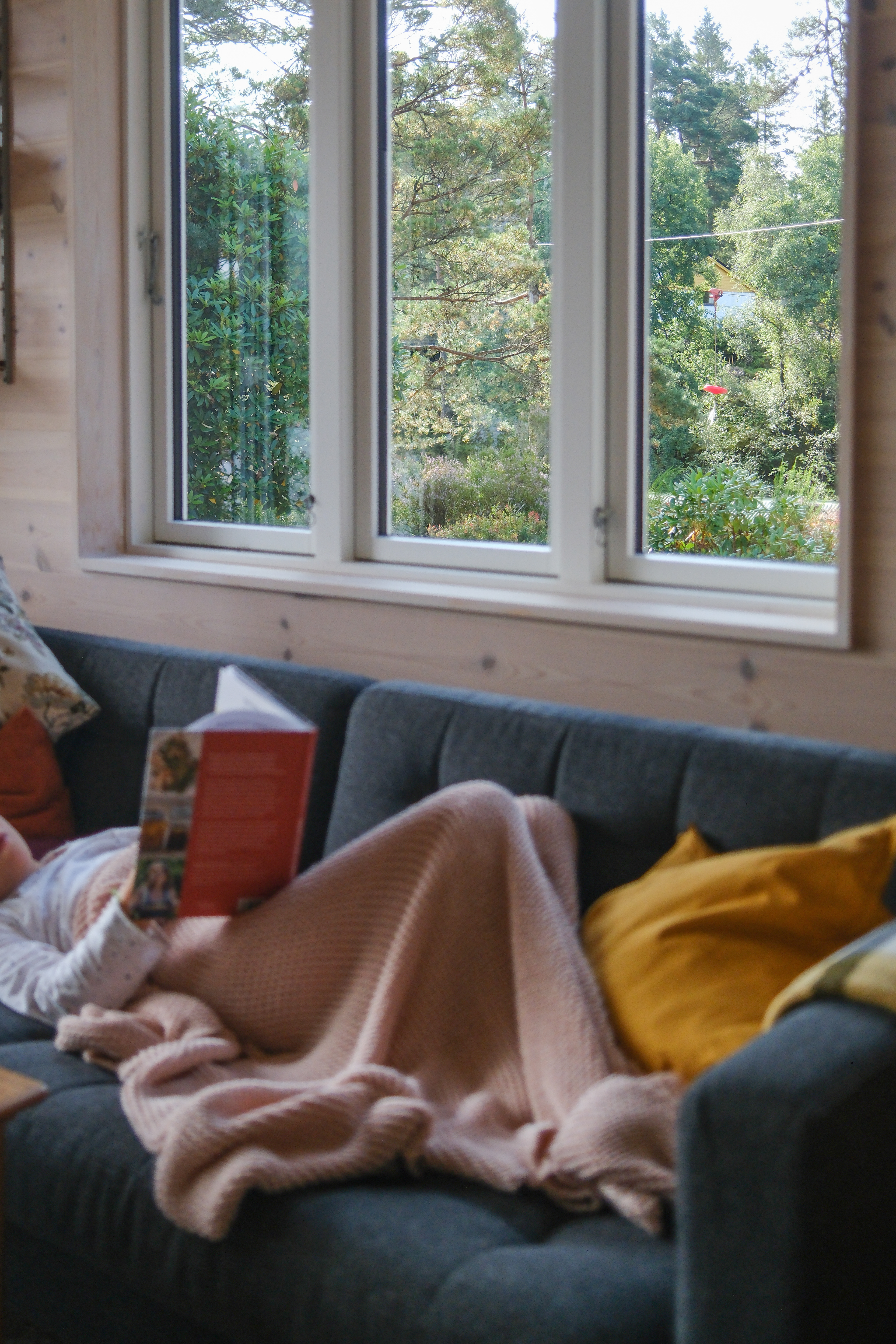 kid reading a book on a sofa in a cozy cabin in norway with a window with green outside