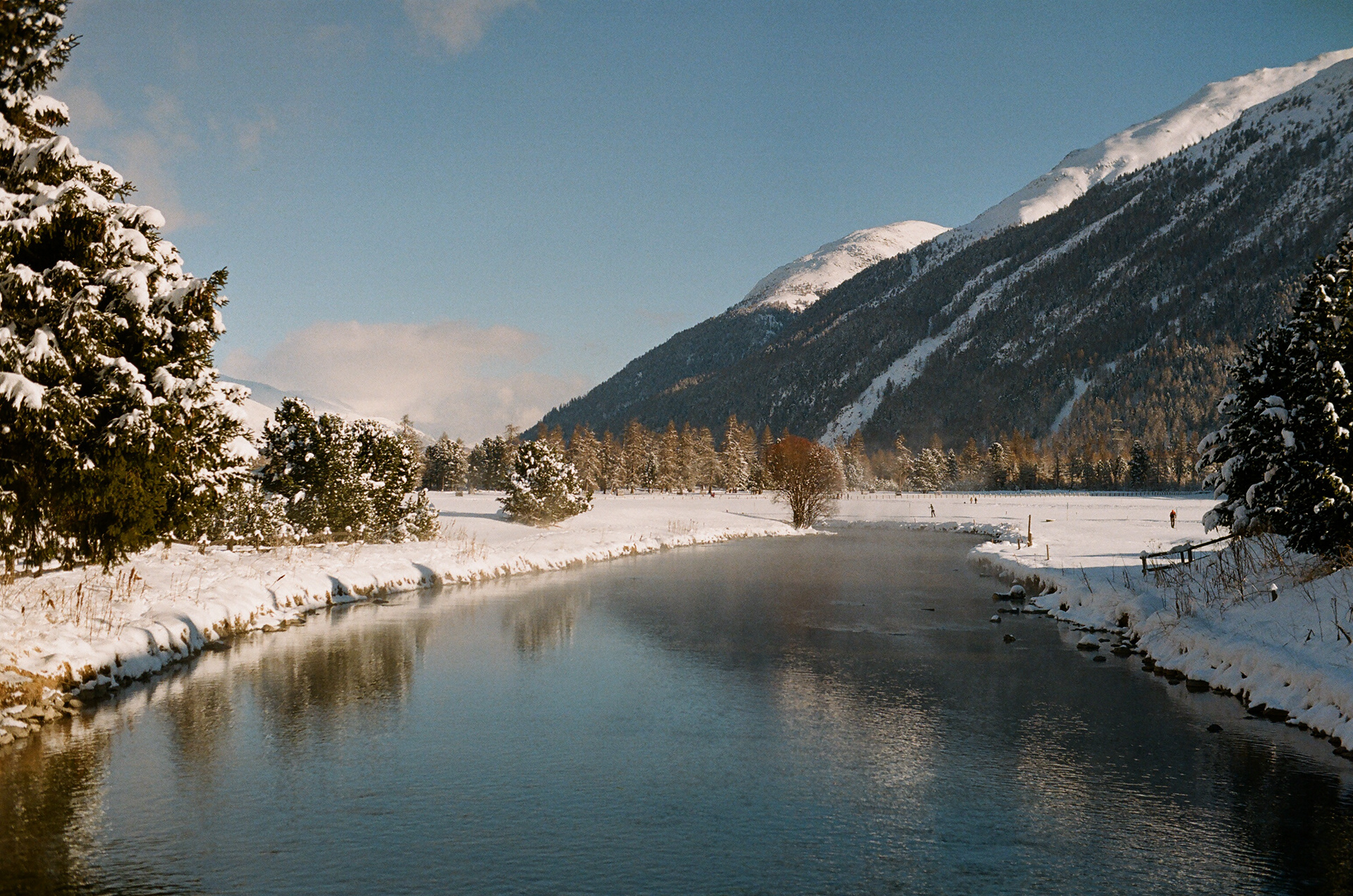 engadina, celerina, schlarigna, san gian, svizzera, fiume con neve, snow, christmas with snow