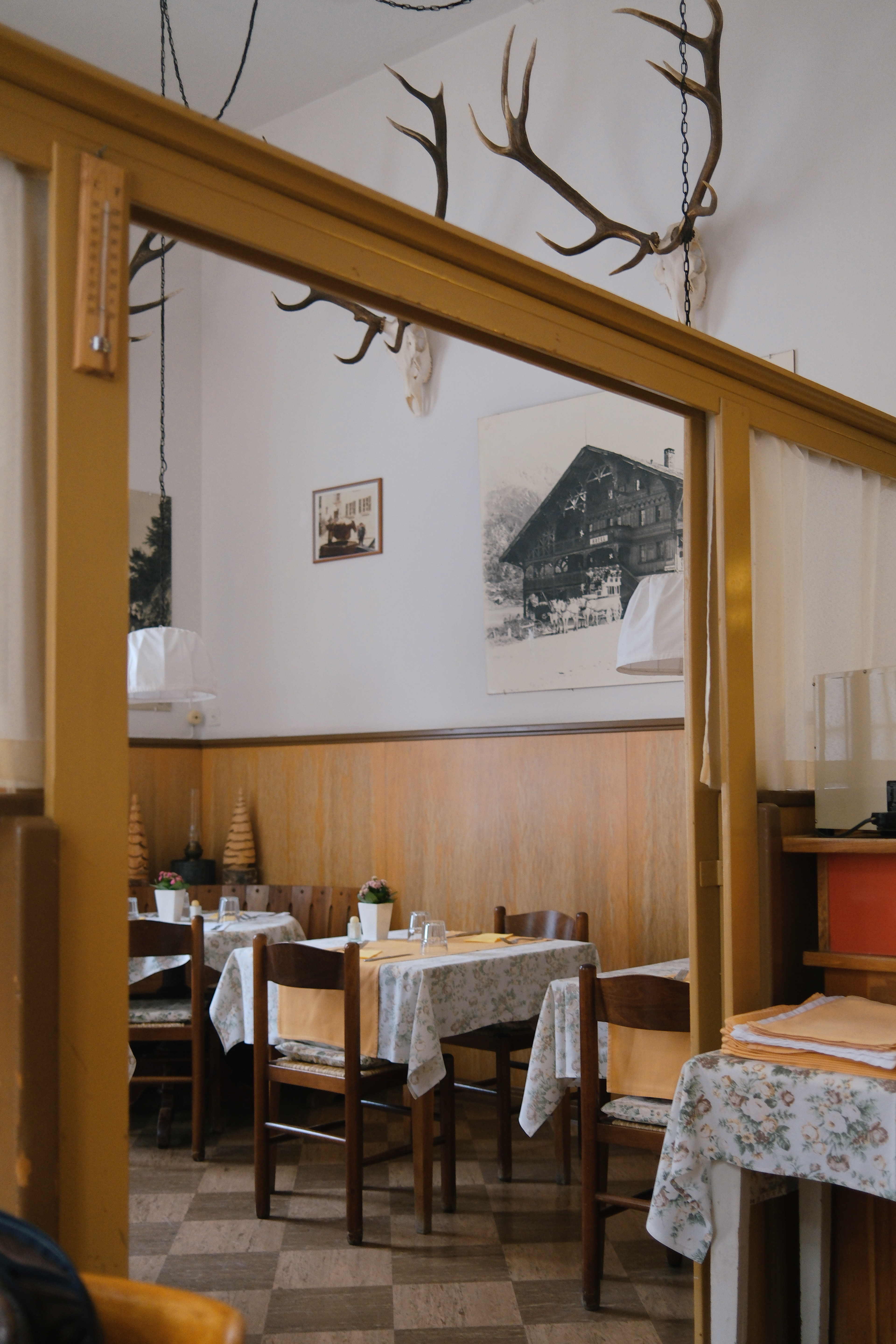 interior of a restaurant in Val Bregaglia, hotel Bregaglia vintage by photographer Claudia Bonazzi based in Barcelona
