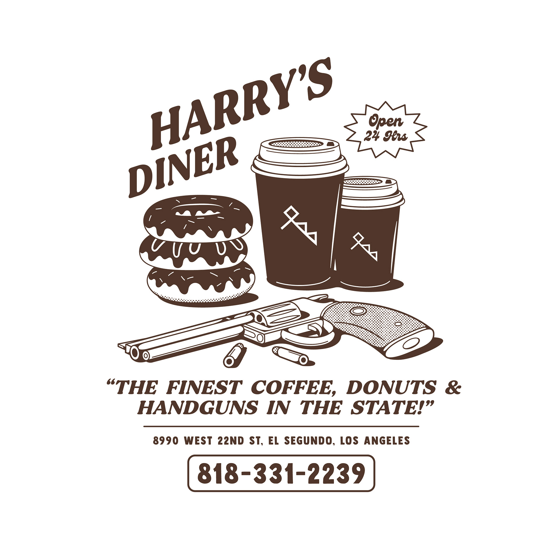 Coffee cups, donuts, handgun