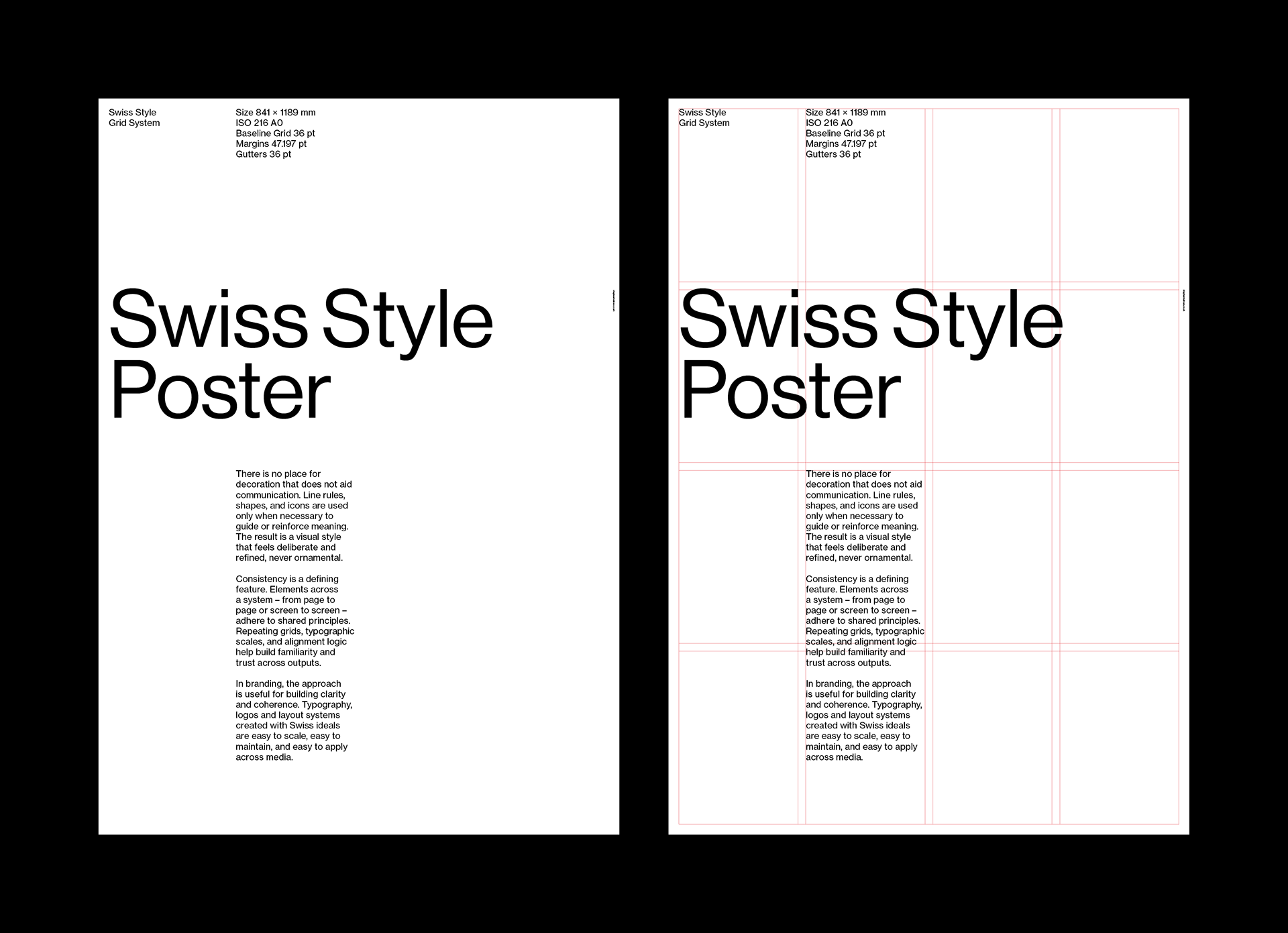 Two Swiss Style posters side by side; the left shows a clean typographic layout with heading and body text, the right displays the same design over a visible red grid system.