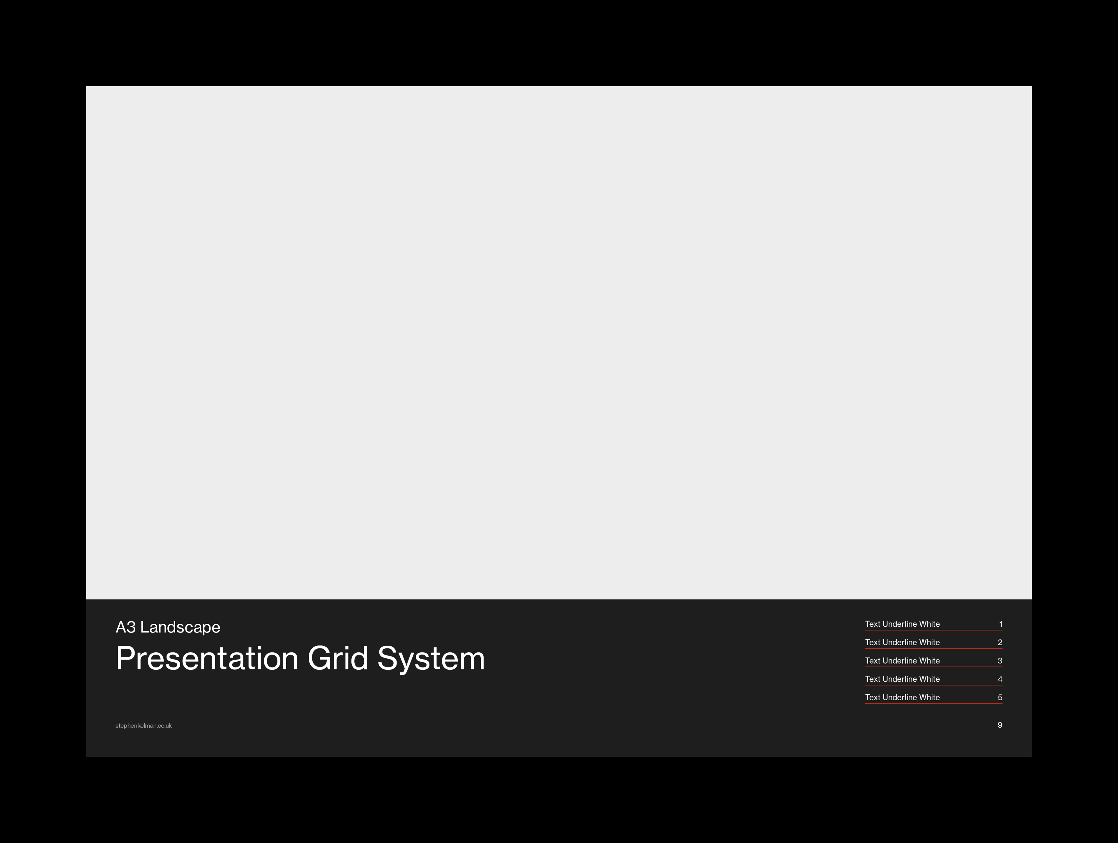 A page showing an A3 landscape presentation grid system. The page is primarily dark-themed with a large area of white space on the left side. The title “A3 Landscape Presentation Grid System” is prominently displayed in white text at the bottom left of the page. Below the title, there is a section listing five numbered items labeled “Text Underline White,” each with corresponding red numbers. The clean, minimalist layout is designed for effective presentation and clarity. The text and grid system are designed to convey important design concepts.