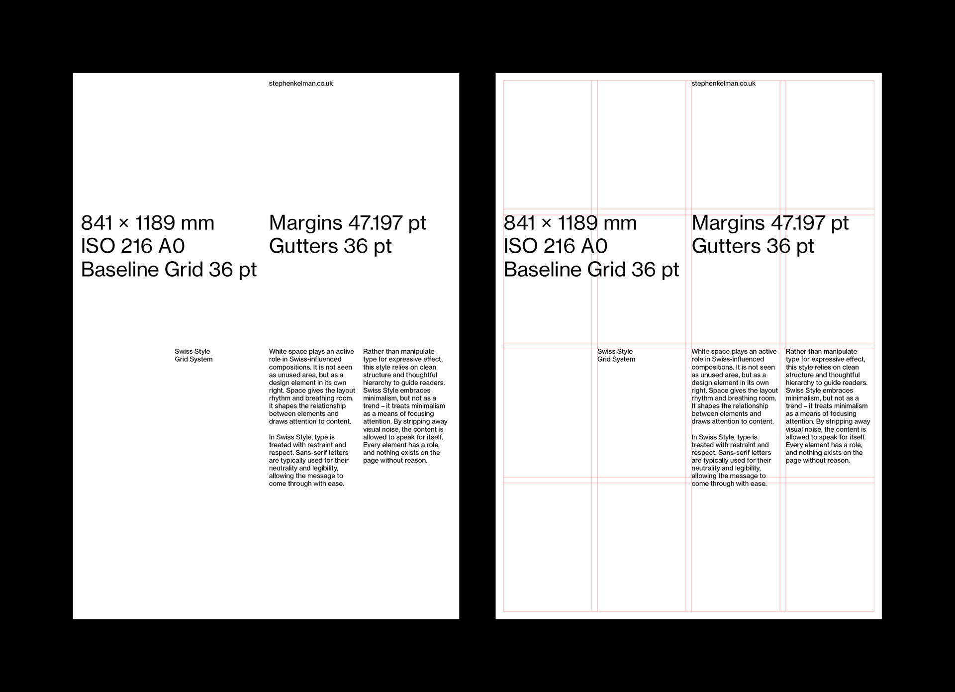 Two white Swiss Style posters; the left displays clean layout and typography specifications, the right shows the same design overlaid with a red grid system.