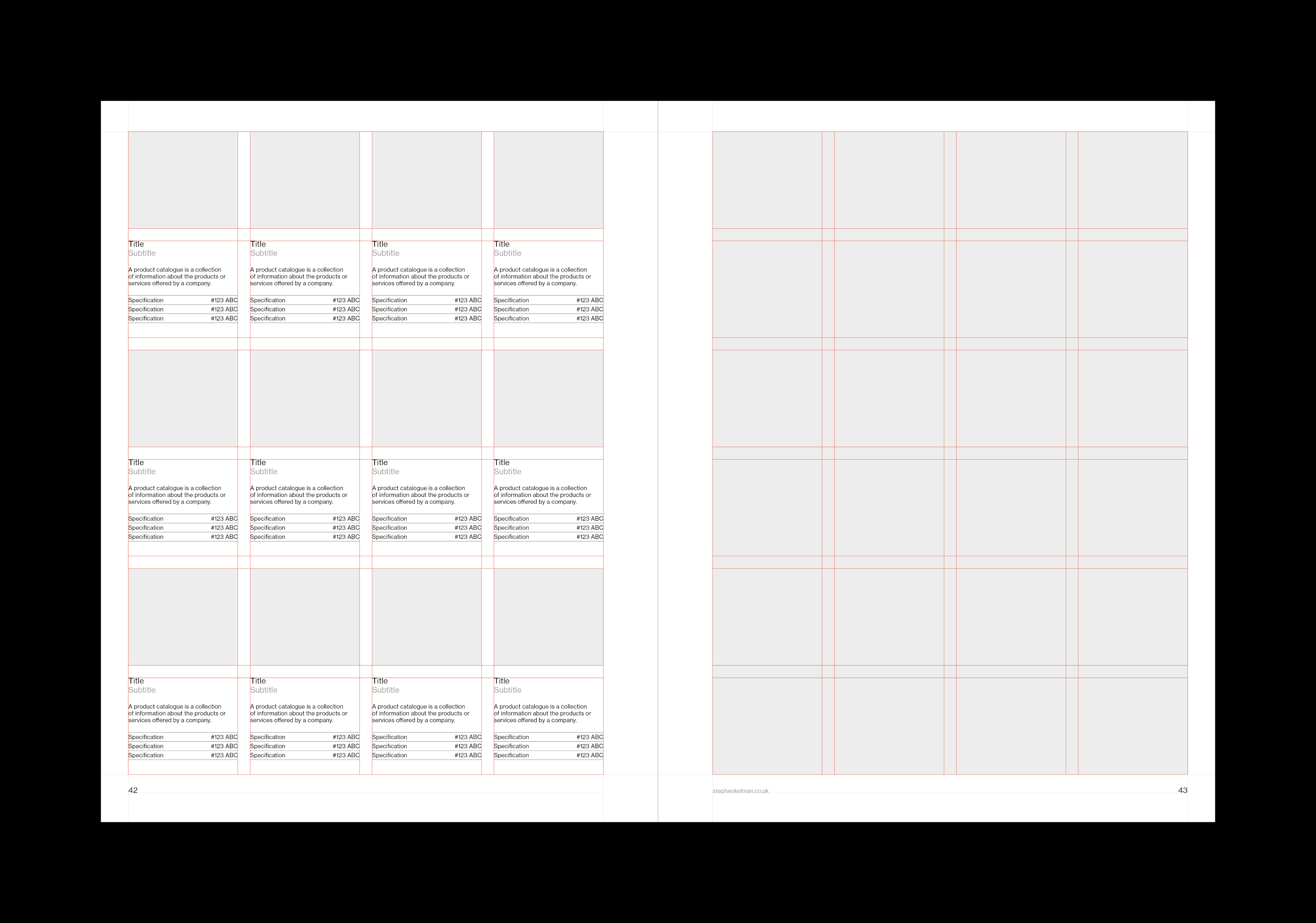 Animation showing visible grid system and Swiss style layouts for a US letter format Adobe InDesign catalogue template 