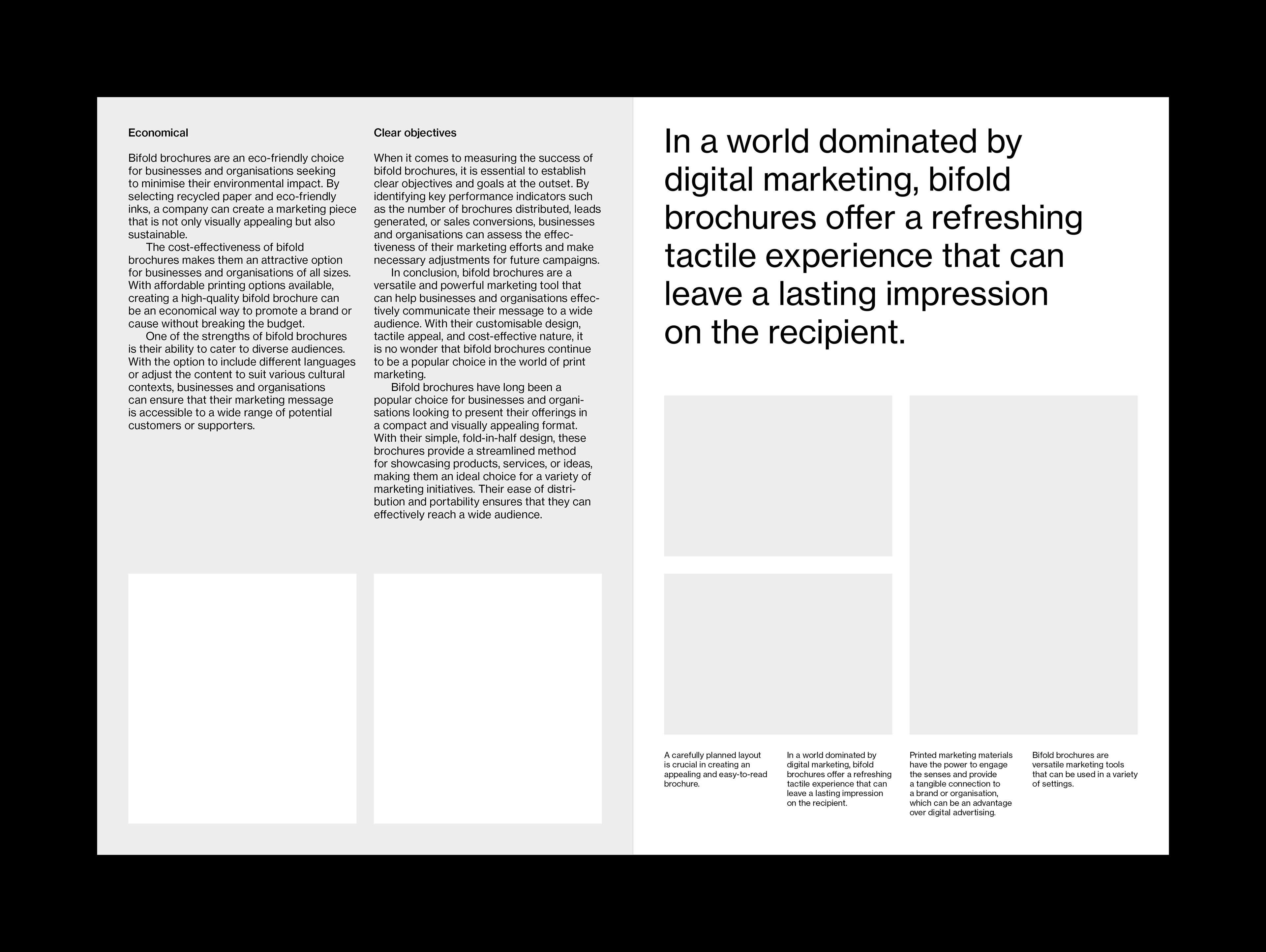 Example layout with Swiss style typography for the inside of an A5 bifold brochure. This example shows a mixture of left-aligned text and images on both light backgrounds