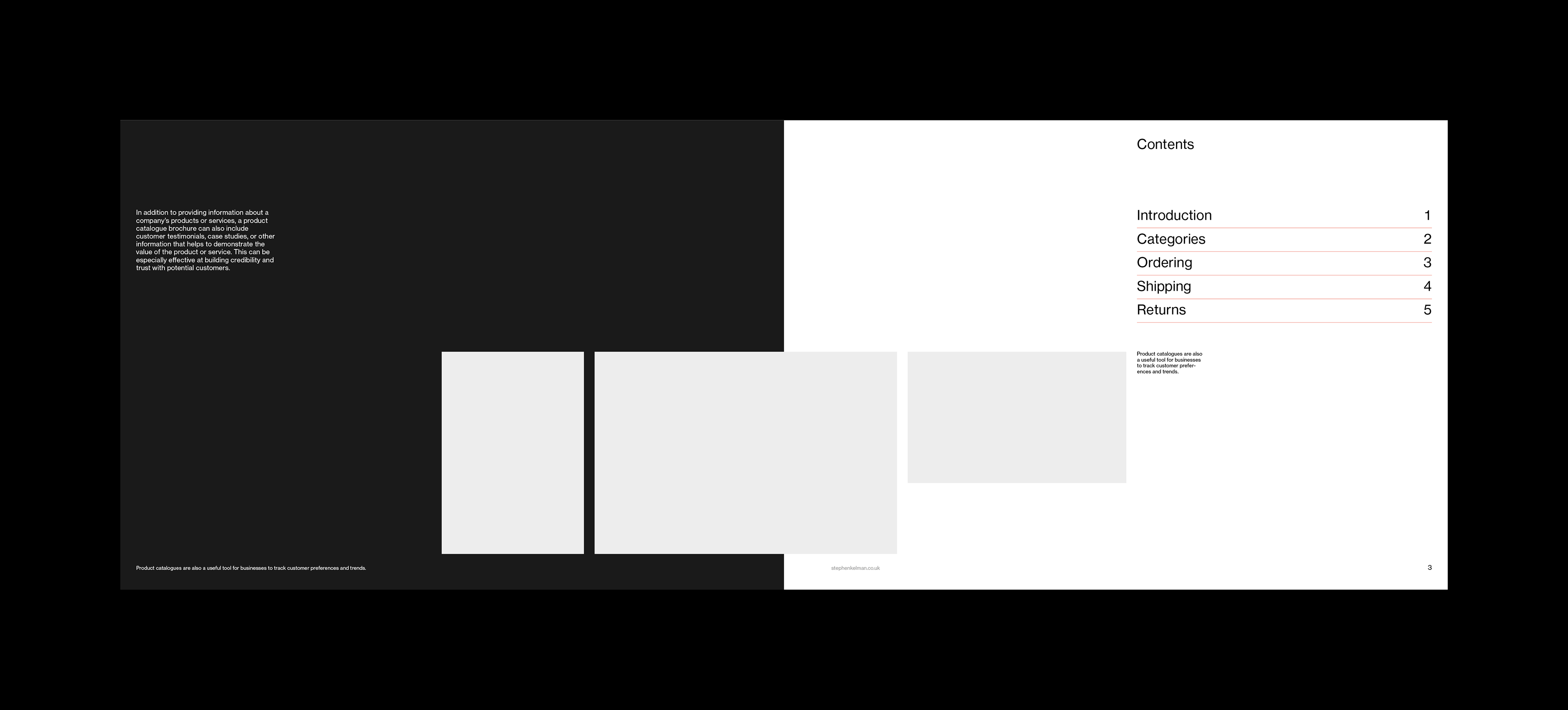 Inside front cover design for an A4 landscape catalogue template for Adobe InDesign. The inside left-hand page is dark with white text while the right-hand page has dark text on a white background. Included on the right-hand page is a main title, some contents, images and a caption