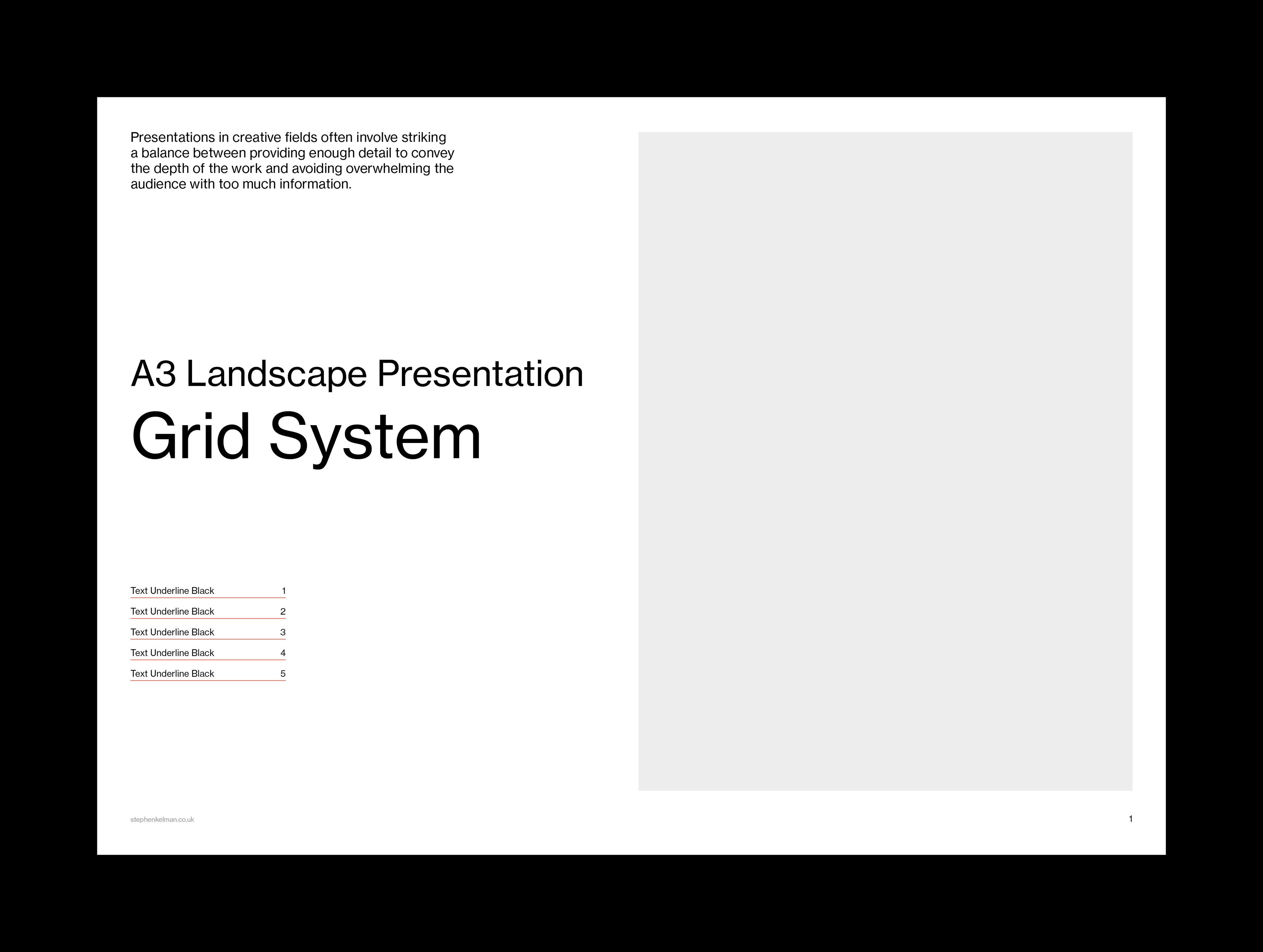 A grid system template for an A3 landscape presentation layout. The left side of the layout features a heading titled “A3 Landscape Presentation Grid System,” followed by text sections labeled “Text Underline Black 1” through “Text Underline Black 5.” The right side of the layout remains empty, leaving space for content placement. The design emphasizes a clean, organized grid structure for content alignment and presentation.