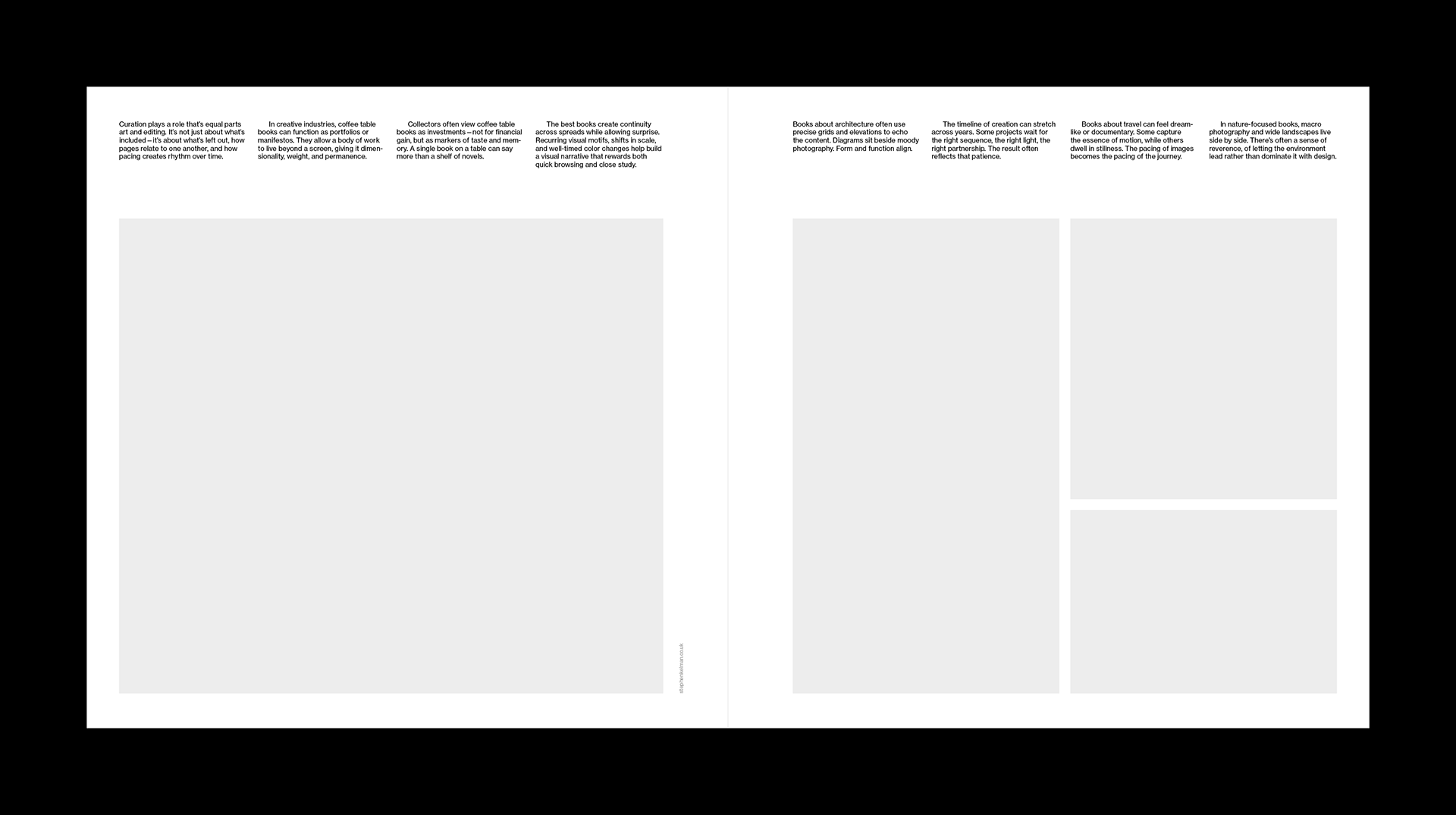 Book spread with multiple image placeholders and short paragraphs of text running along the top of each page.