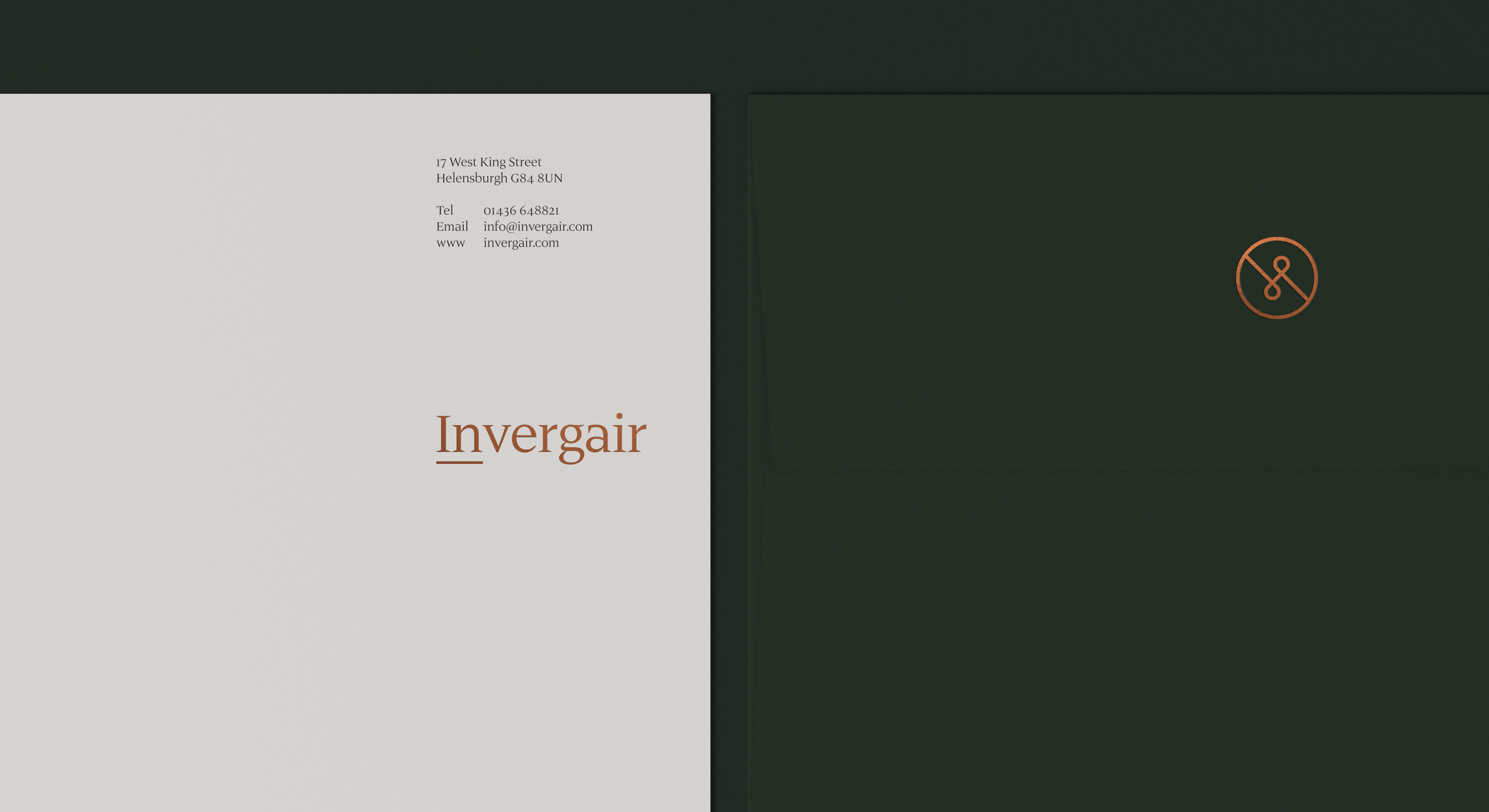 Invergair letterhead and envelope with copper foil