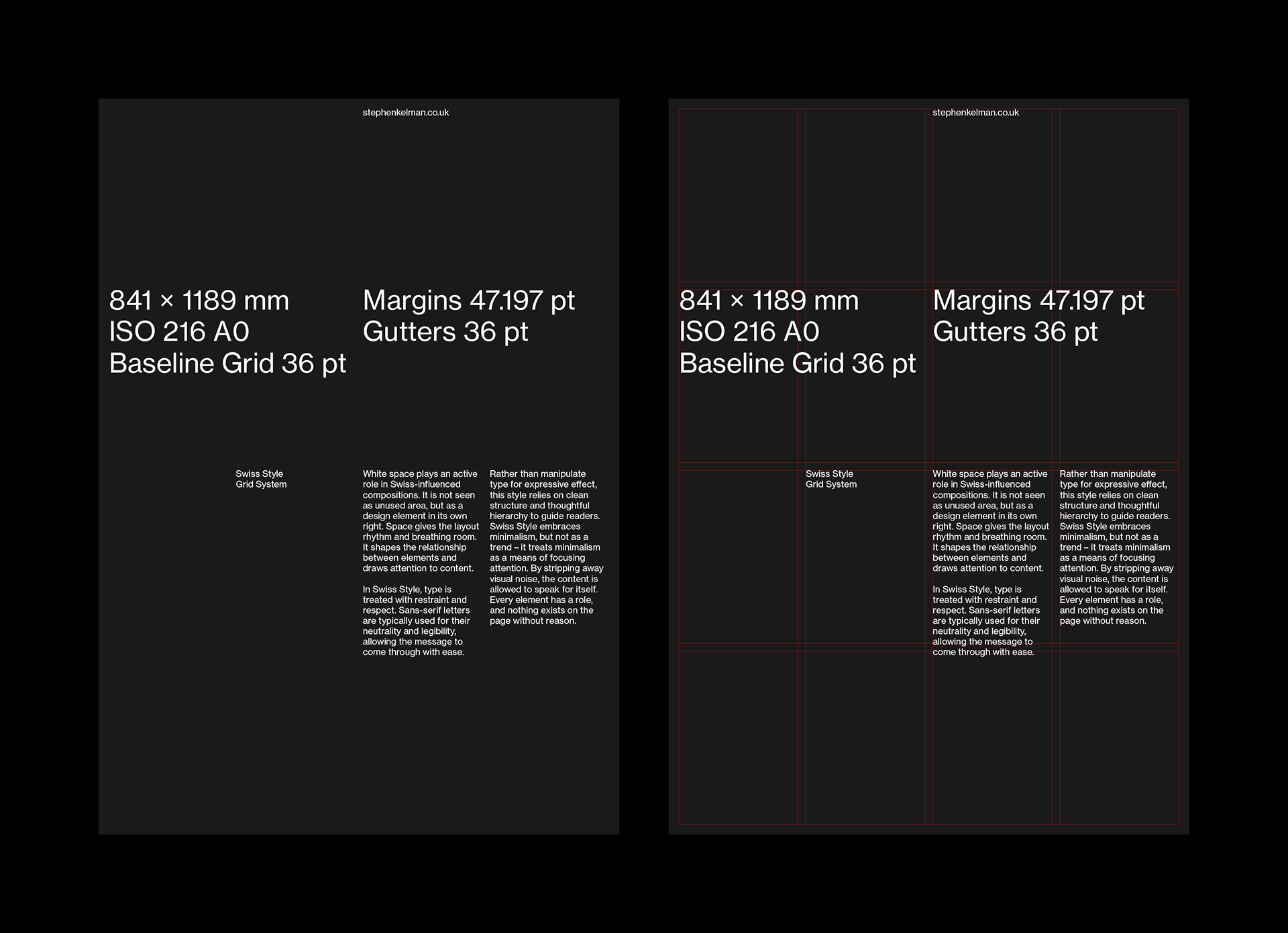 Two dark A0 poster layouts showing Swiss Style typography and layout specs; the left has clean design, the right includes visible red grid lines.
