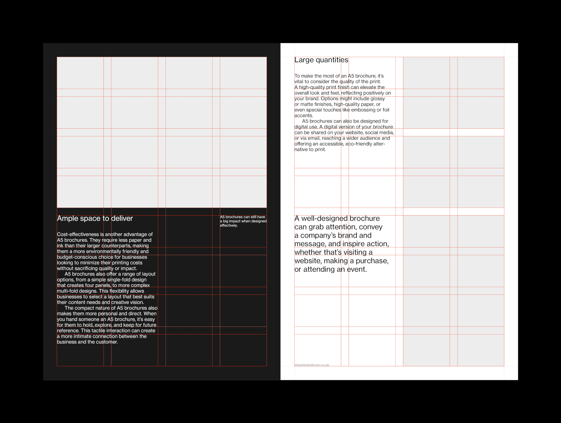 Gif animation showing example layouts and modular grid for a smaller brochure InDesign template