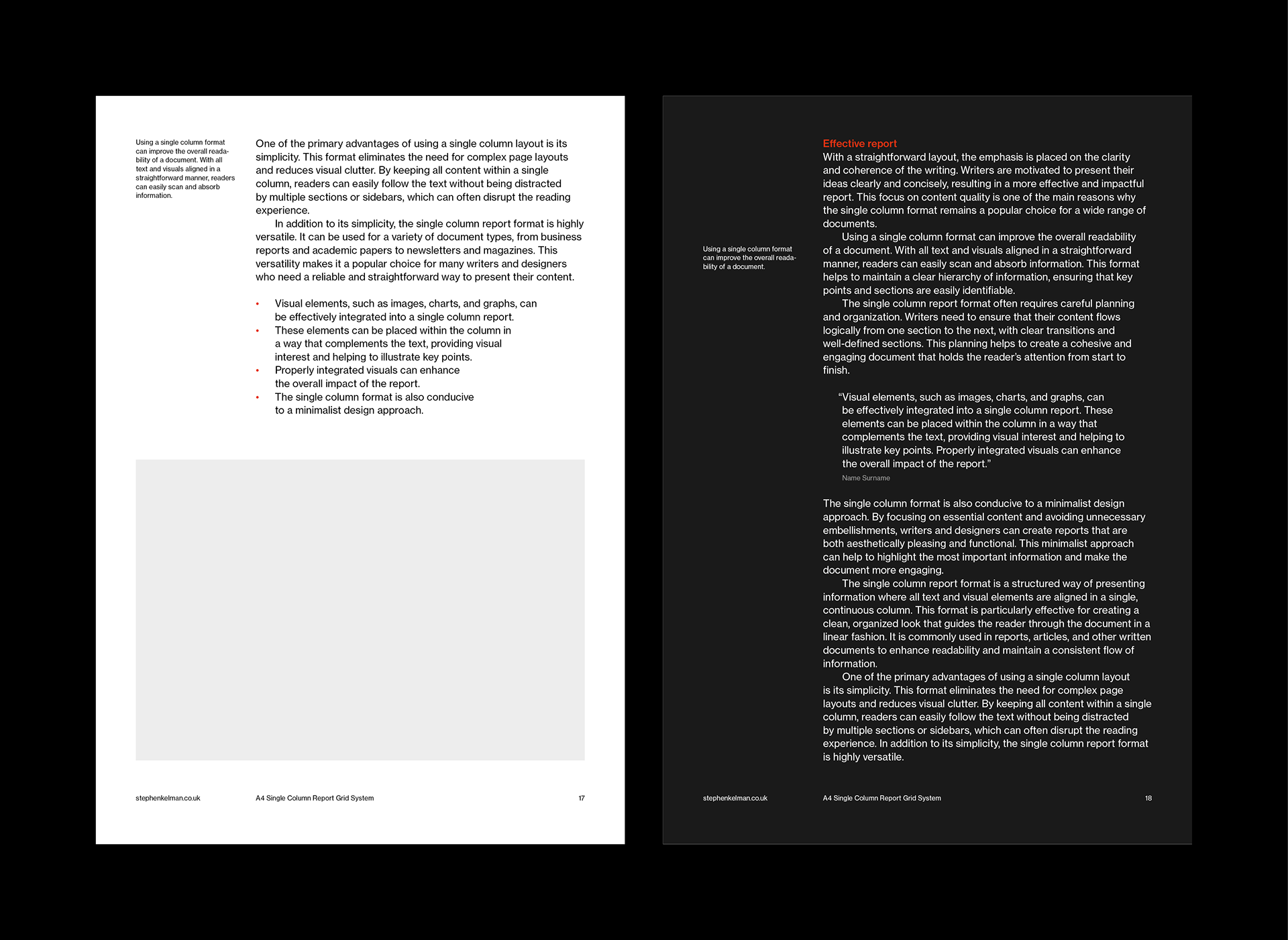 This image shows two pages from a single column report grid system laid out side by side. The left page contains a list of benefits of using a single column layout, such as simplicity, better readability, and effective integration of visual elements like images, charts, and graphs. The right page emphasizes the importance of clarity and coherence in report writing, highlighting how the single column format supports a consistent flow of information and a minimalist design approach. Both pages feature a clean, professional layout, with red accents and a minimalist design.