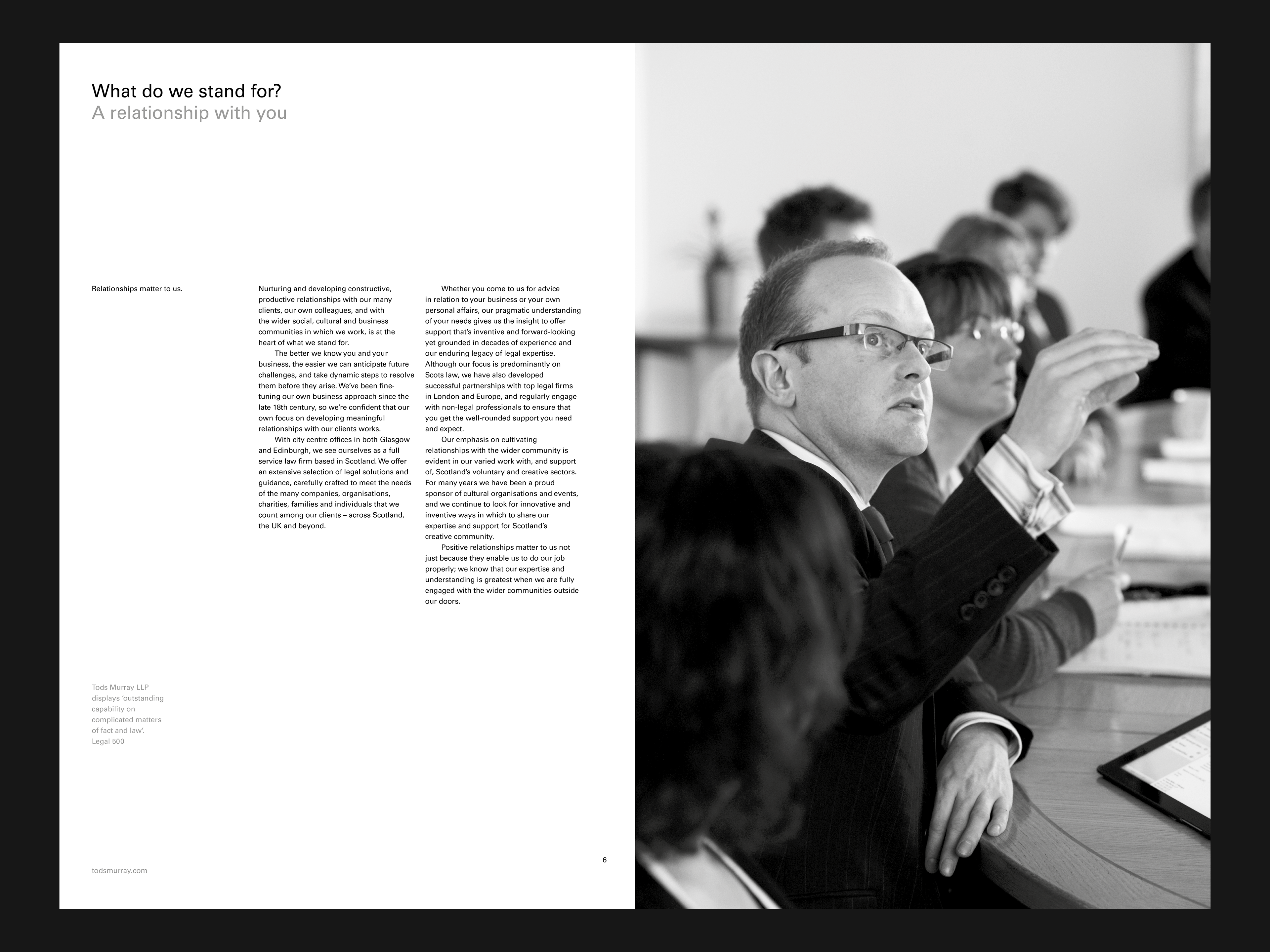 Tods Murray Solicitors – Spread with copy and image