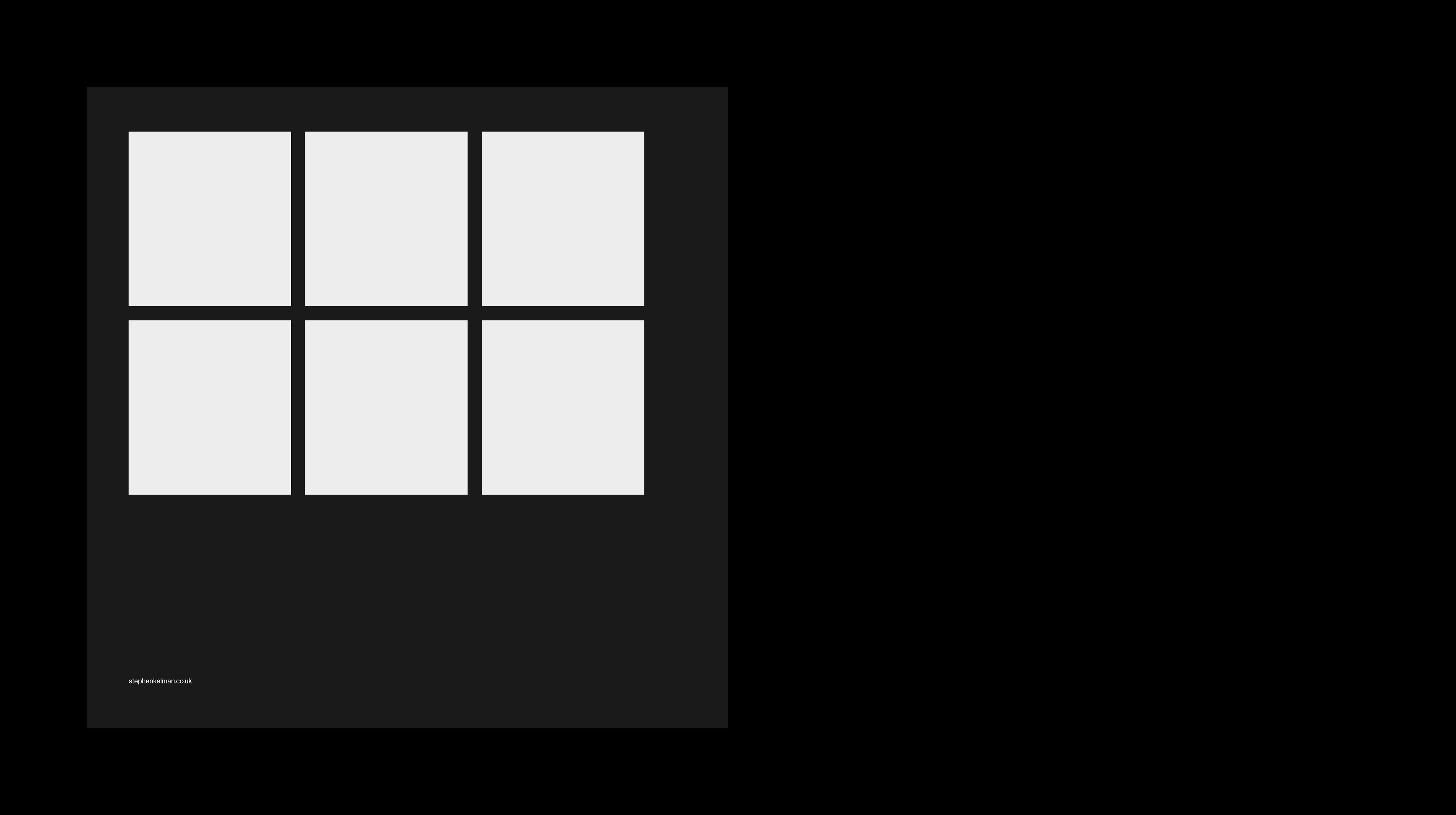 Back cover design for a simple photobook template designed for Adobe InDesign. Page features six images and the url stephenkelman.co.uk in the footer