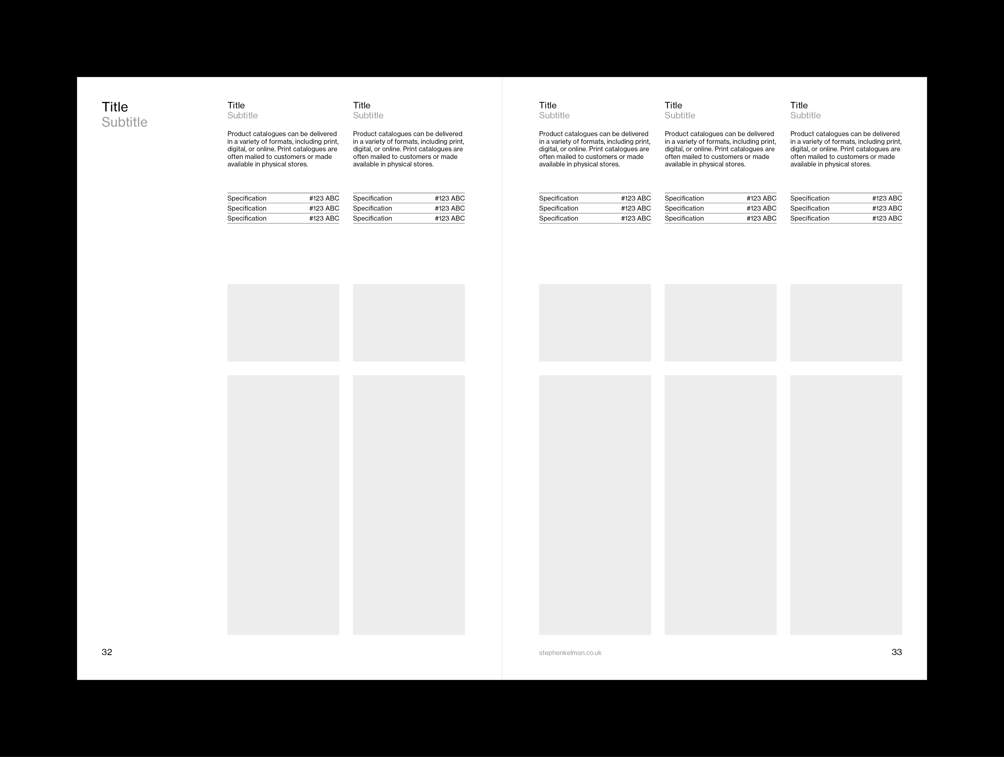 Internal layout example for A5 catalogue grid system and template for Adobe InDesign. This layout shows a mixture of text and images