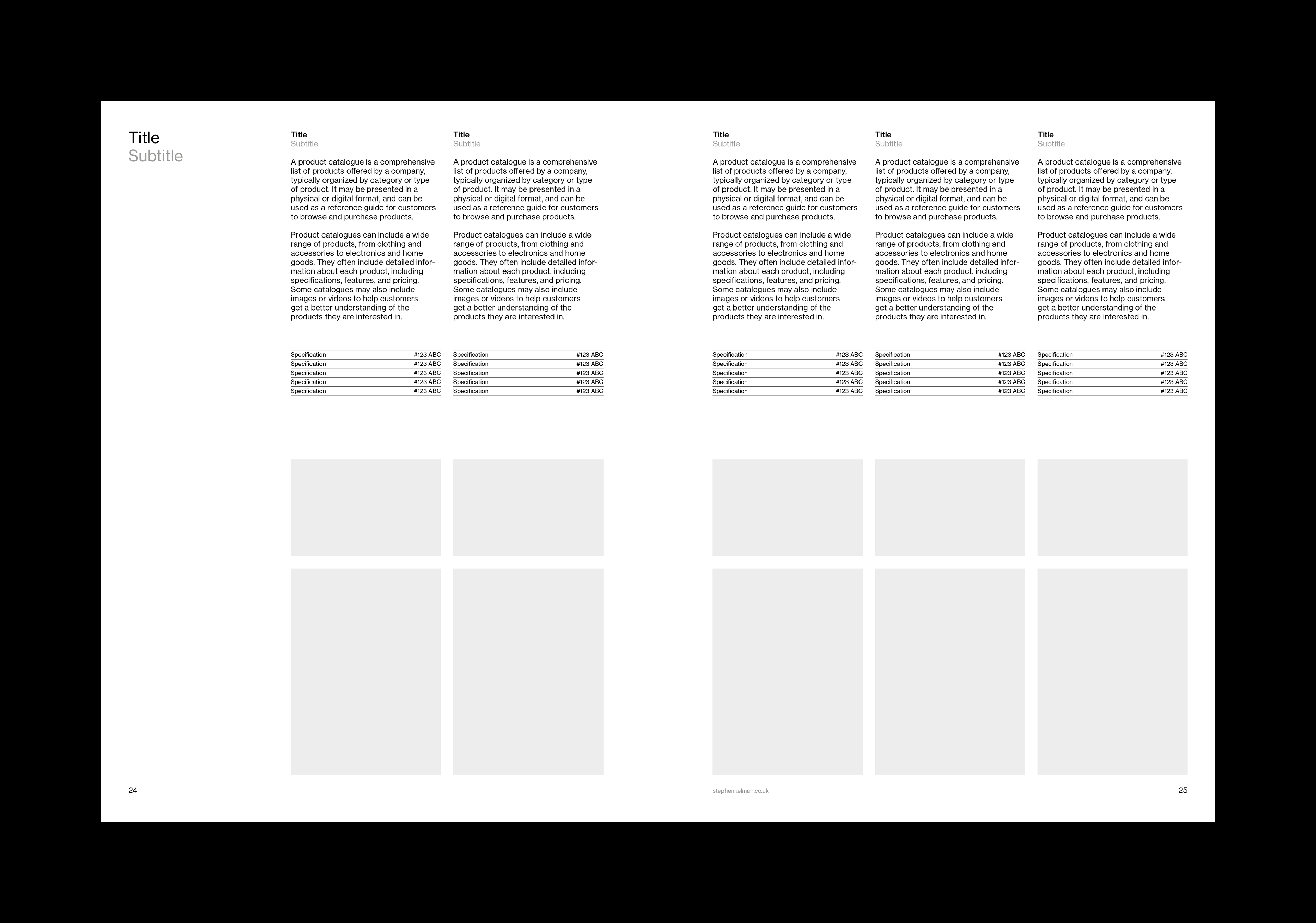 Spread design for a US letter catalog template for Adobe InDesign. Spread features a title and five vertically set columns for products. Each column features a title, description copy, details and two images