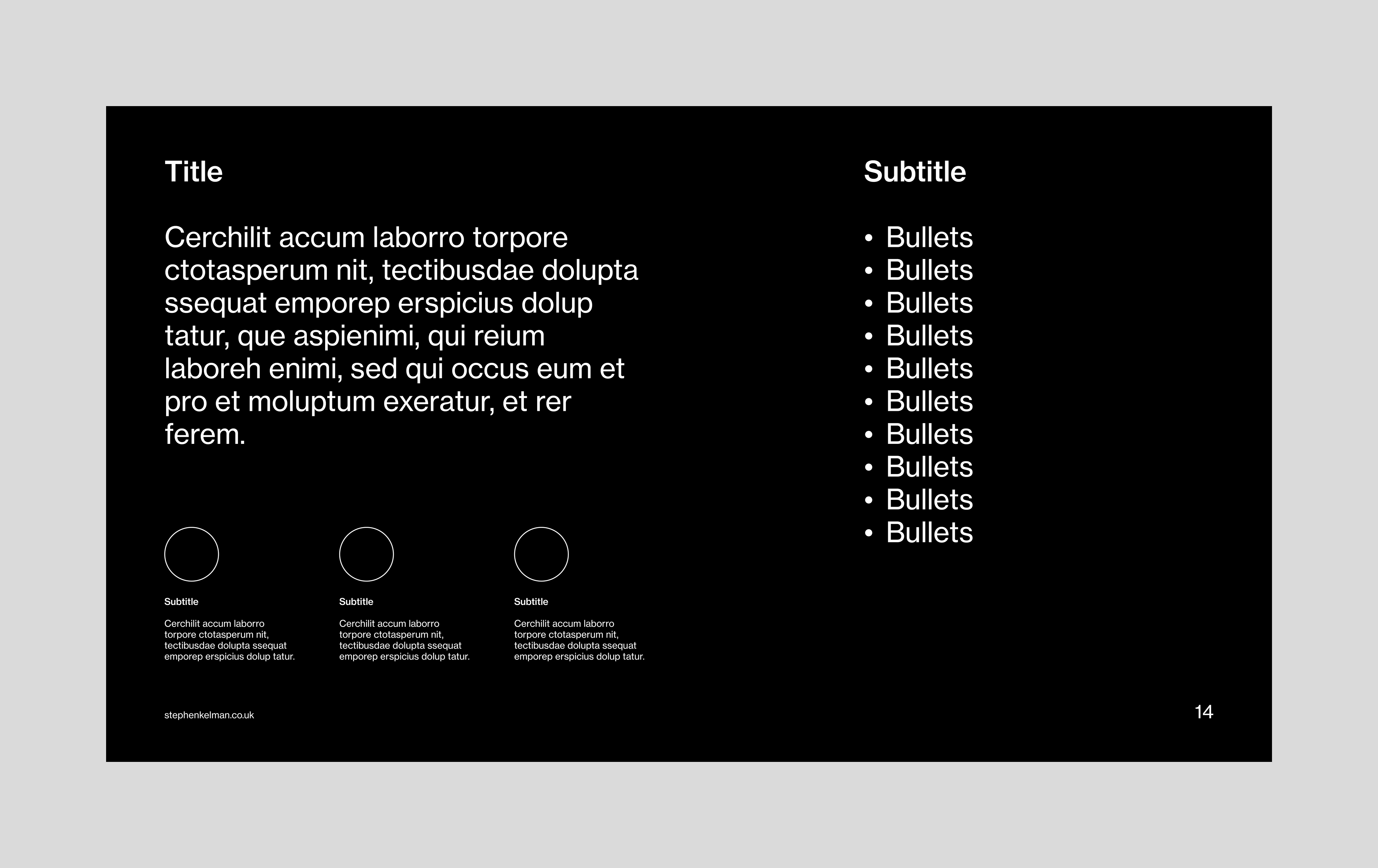Layout for a 16:9 digital presentation template designed for Adobe InDesign. Layout features one large paragraph of text, three supporting paragraphs of text underneath, and one column of bullet points to the right